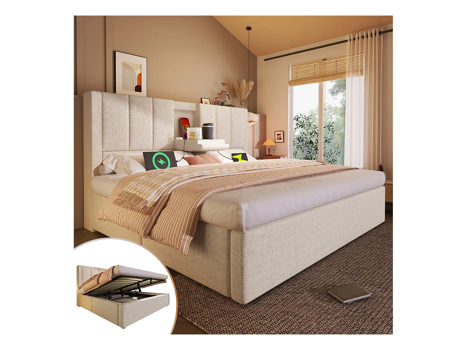 Lit coffre rembourré double - 160 x 200 cm - avec porte-gobelet caché et station de charge - lin - beige(avec matelas)