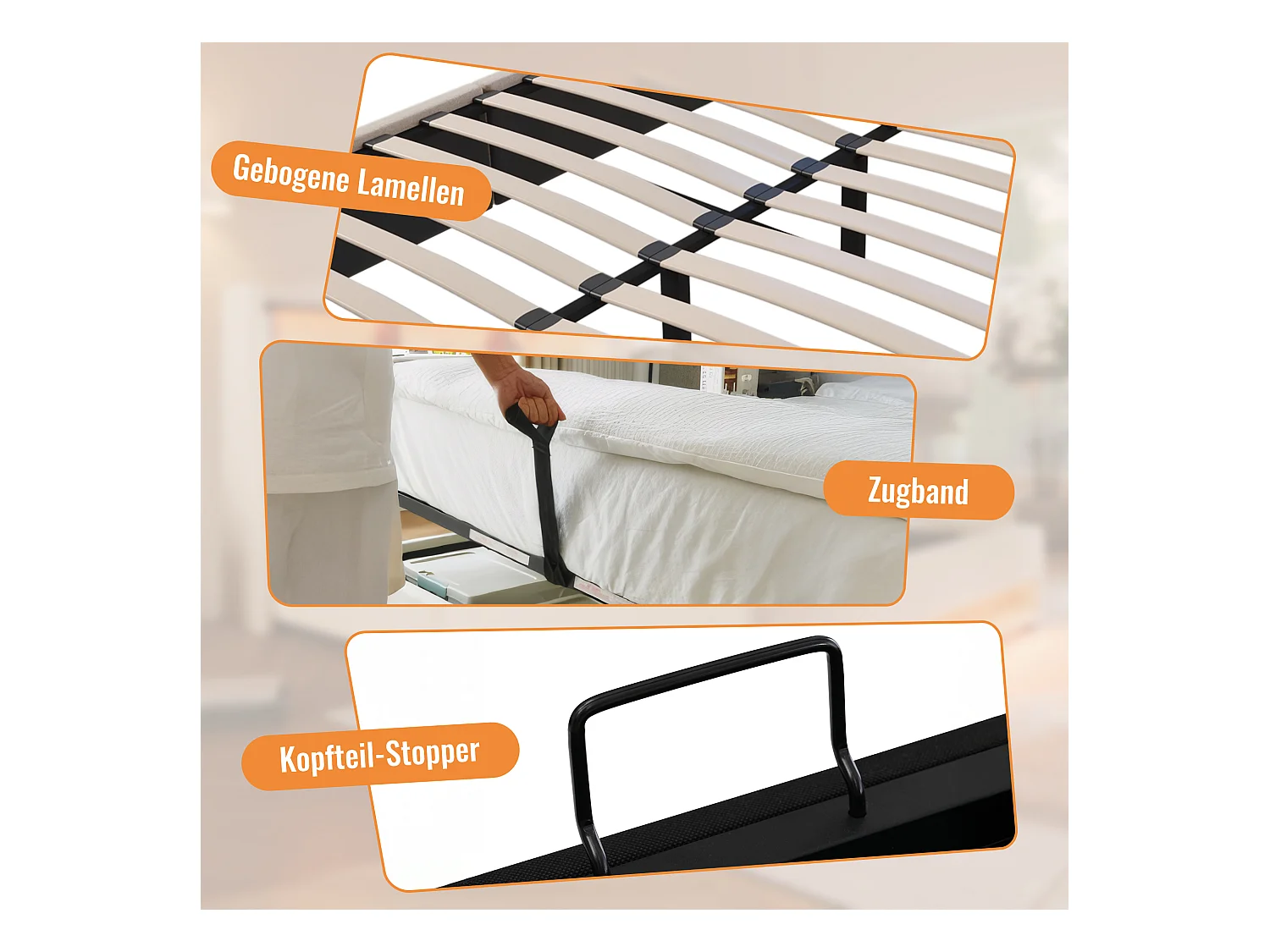 Gepolstertes Doppelbett mit Stauraum – 140 x 190 cm – mit verstecktem Getränkehalter und Ladestation – Leinen – Beige