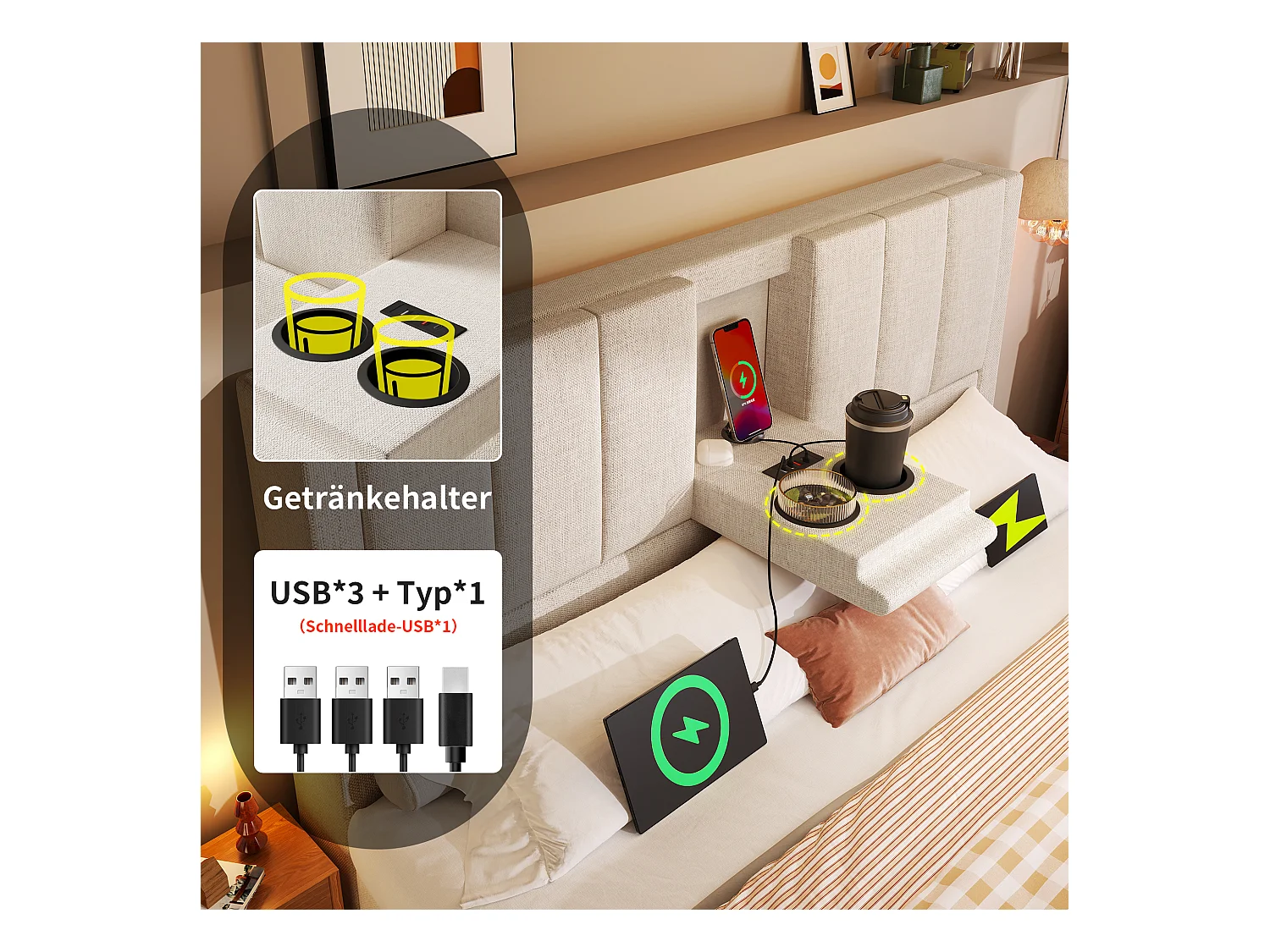 Gepolstertes Doppelbett mit Stauraum – 140 x 190 cm – mit verstecktem Getränkehalter und Ladestation – Leinen – Beige