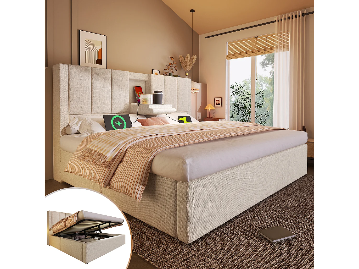 Gepolstertes Doppelbett mit Stauraum – 140 x 190 cm – mit verstecktem Getränkehalter und Ladestation – Leinen – Beige