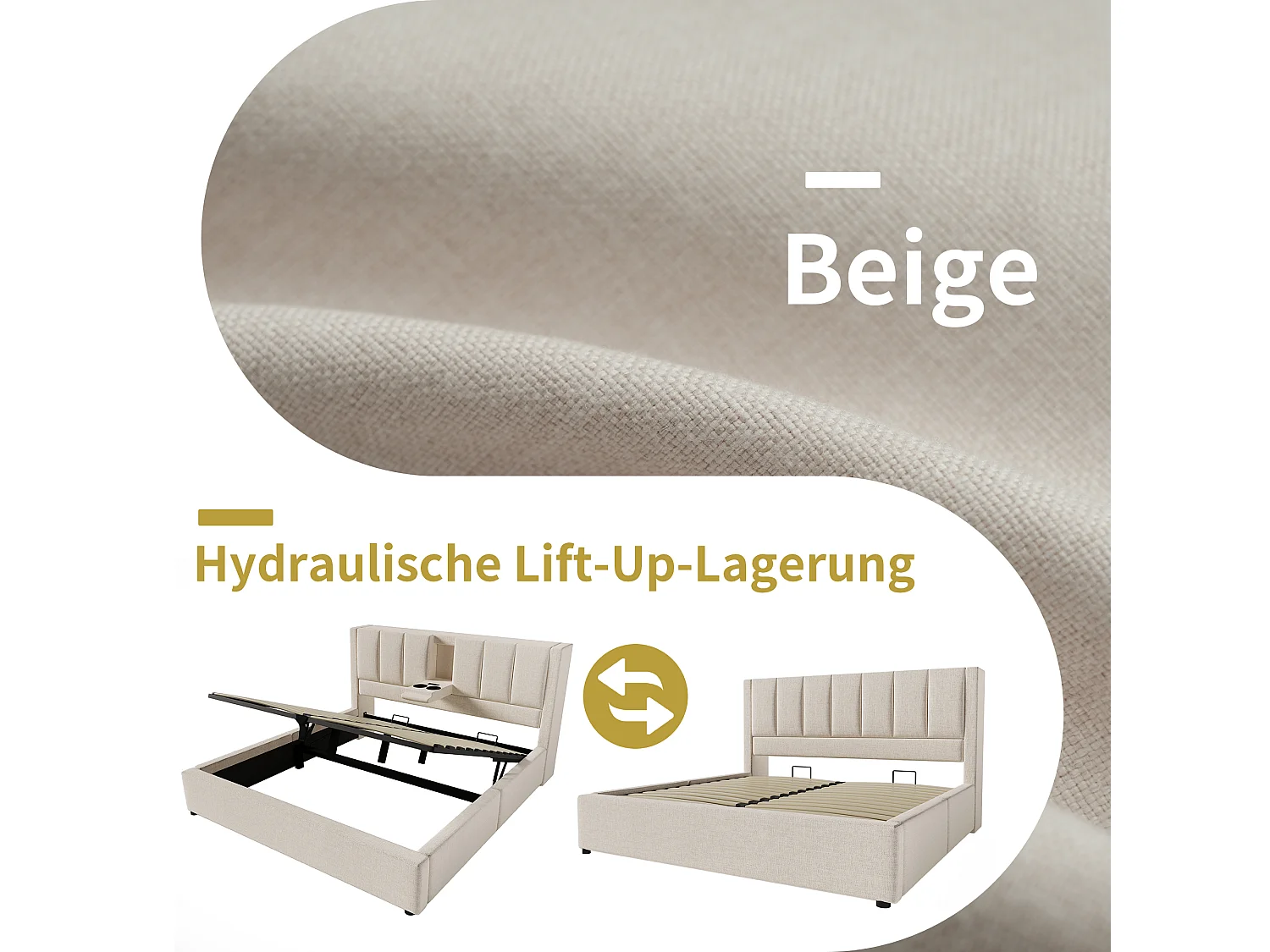 Gepolstertes Doppelbett mit Stauraum – 140 x 190 cm – mit verstecktem Getränkehalter und Ladestation – Leinen – Beige
