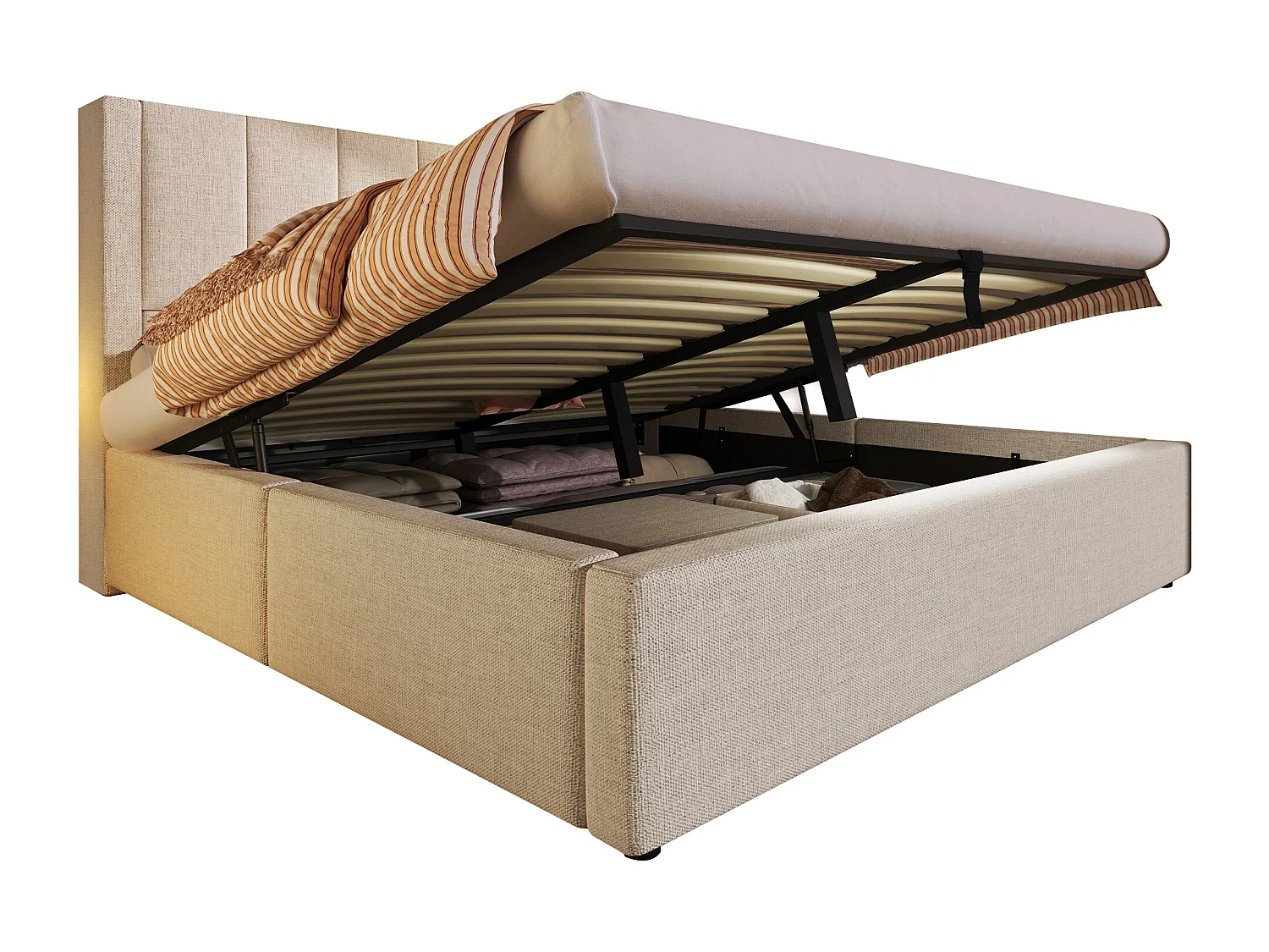 Gepolstertes Doppelbett mit Stauraum – 140 x 190 cm – mit verstecktem Getränkehalter und Ladestation – Leinen – Beige