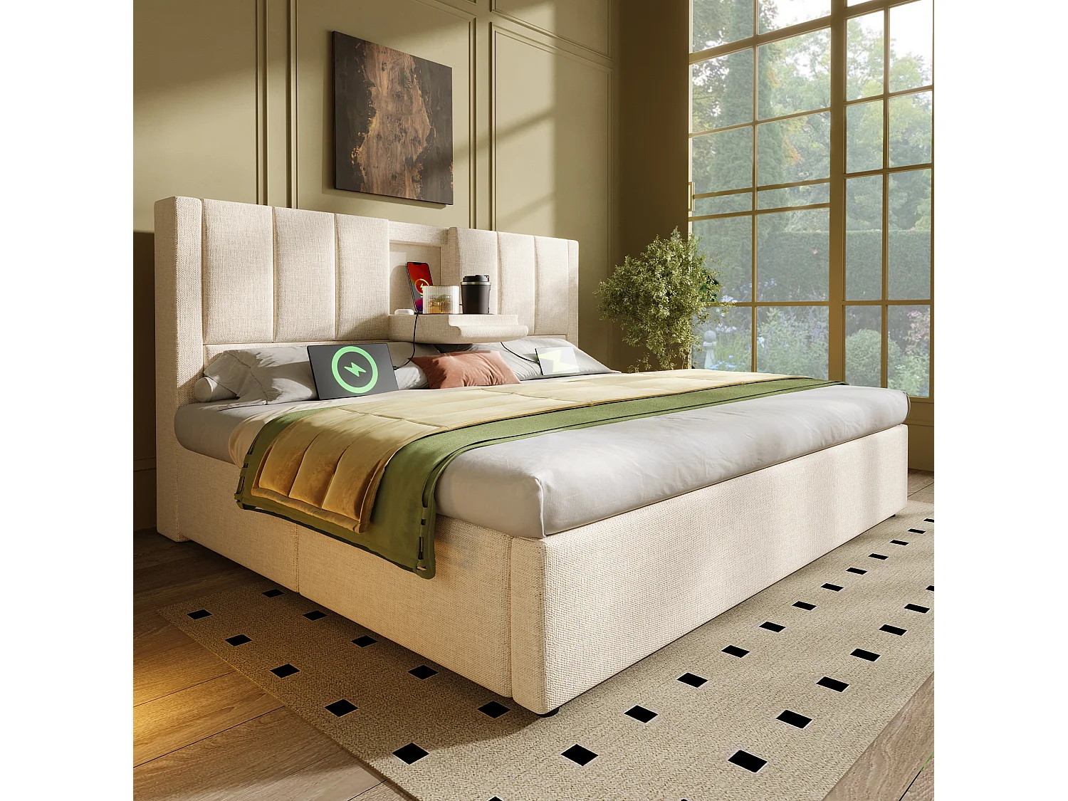 Gepolstertes Doppelbett mit Stauraum – 140 x 190 cm – mit verstecktem Getränkehalter und Ladestation – Leinen – Beige