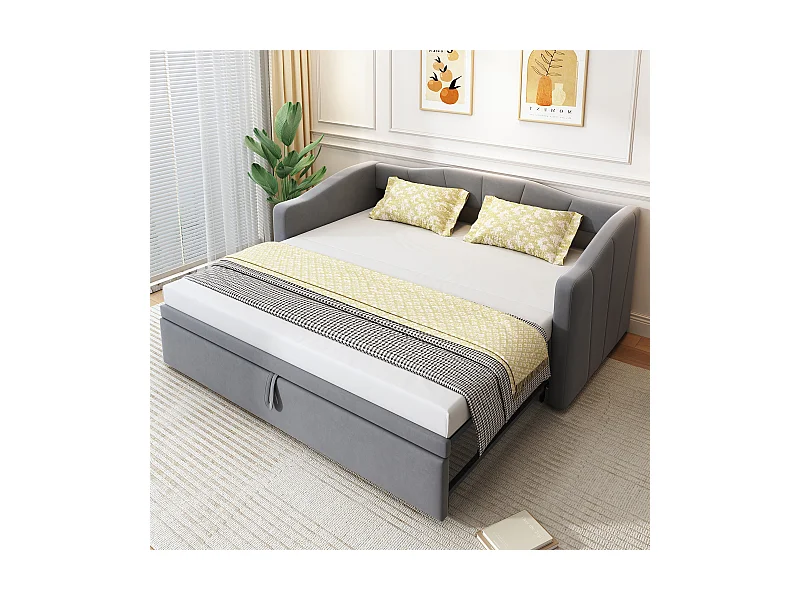 Gestoffeerde slaapbank met uitschuifbaar bed - 90/180 x 200 cm - met lattenbodem - fluweel - grijs