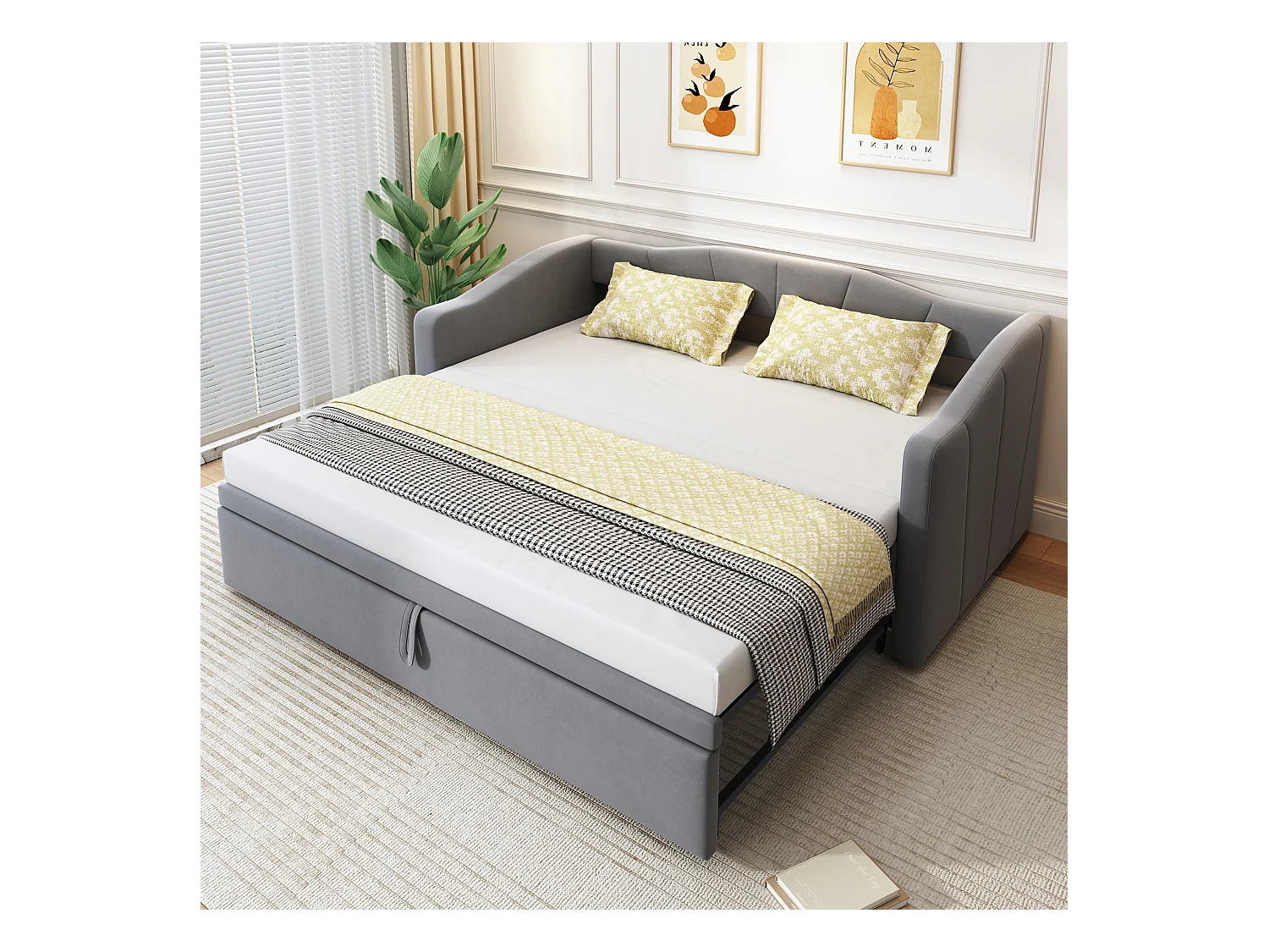 Gestoffeerde slaapbank met uitschuifbaar bed - 90/180 x 200 cm - met lattenbodem - fluweel - grijs