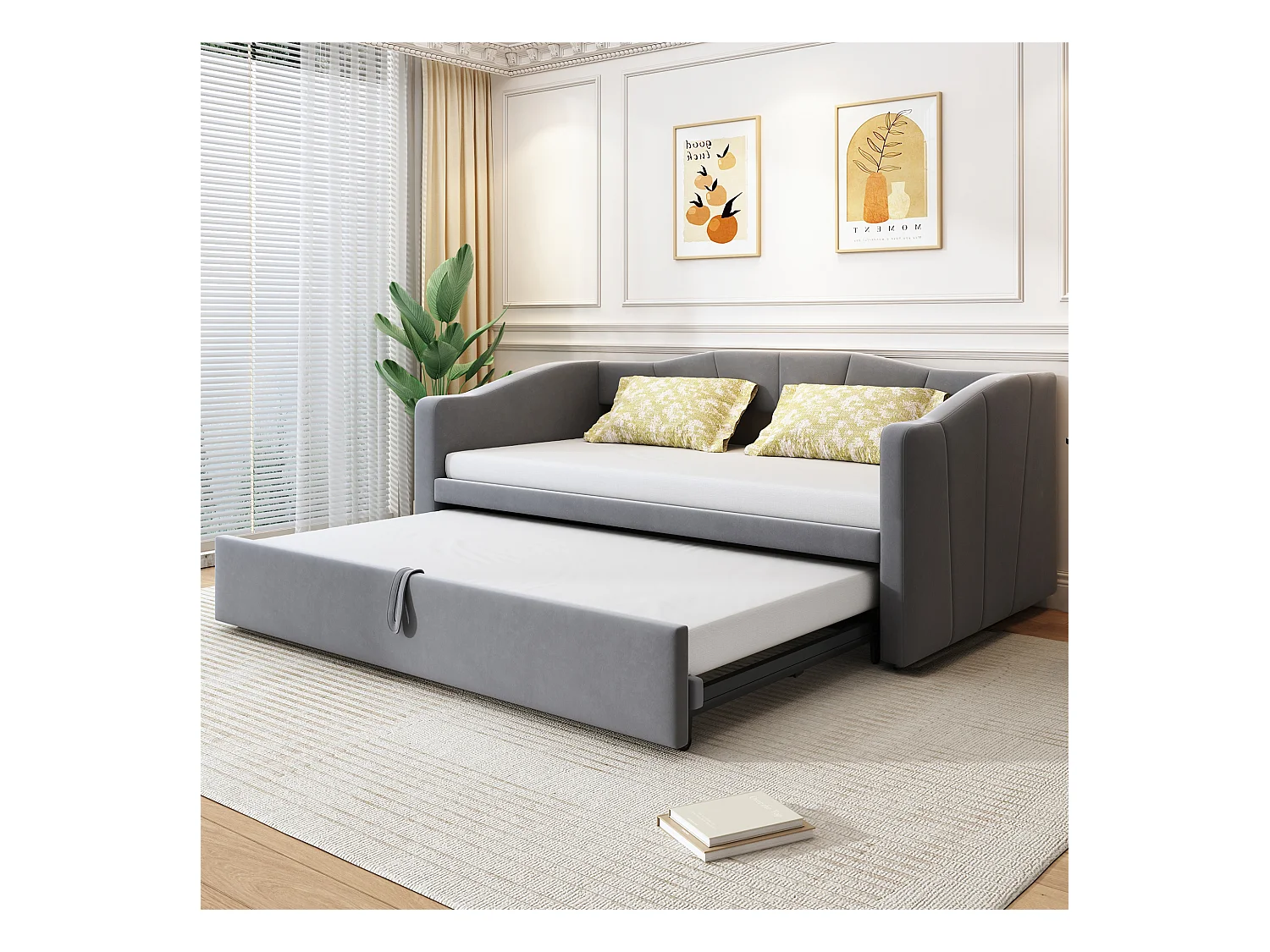 Gestoffeerde slaapbank met uitschuifbaar bed - 90/180 x 200 cm - met lattenbodem - fluweel - grijs