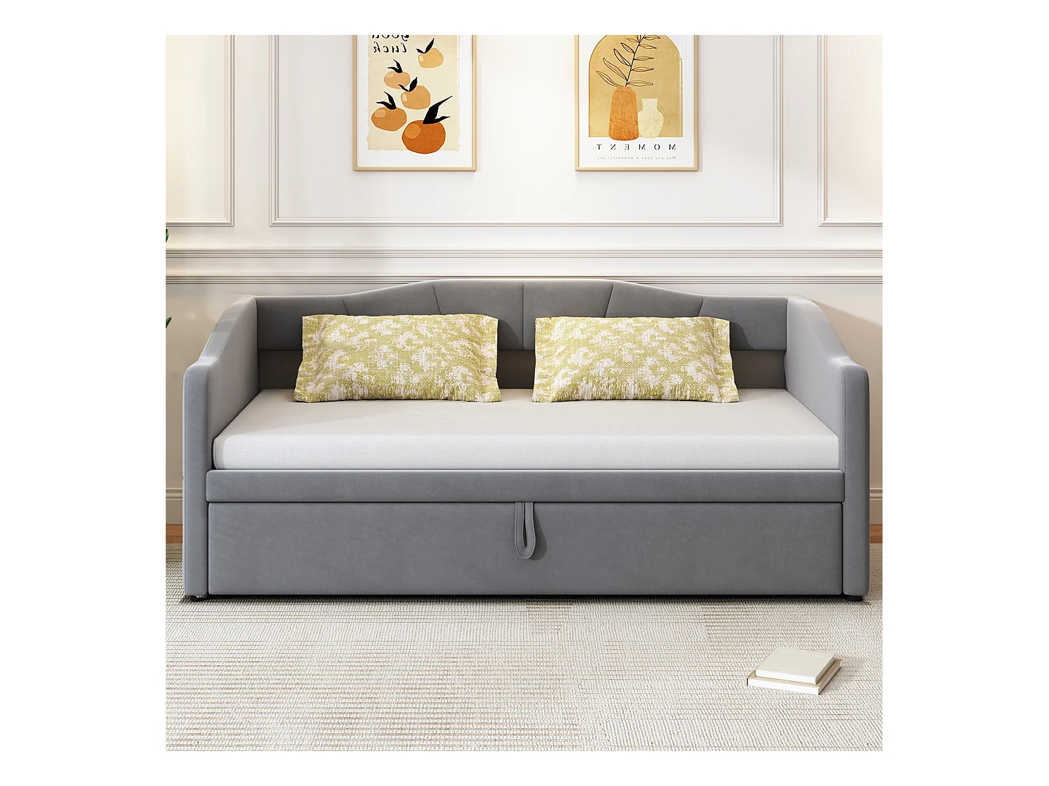 Gestoffeerde slaapbank met uitschuifbaar bed - 90/180 x 200 cm - met lattenbodem - fluweel - grijs