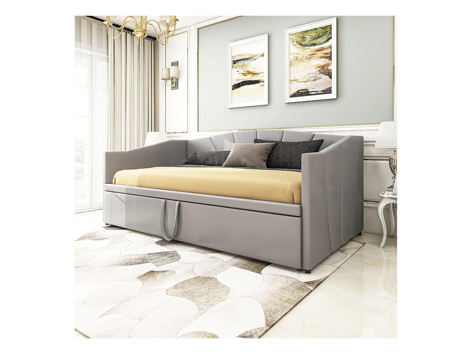 Gestoffeerde slaapbank met uitschuifbaar bed - 90/180 x 200 cm - met lattenbodem - fluweel - grijs