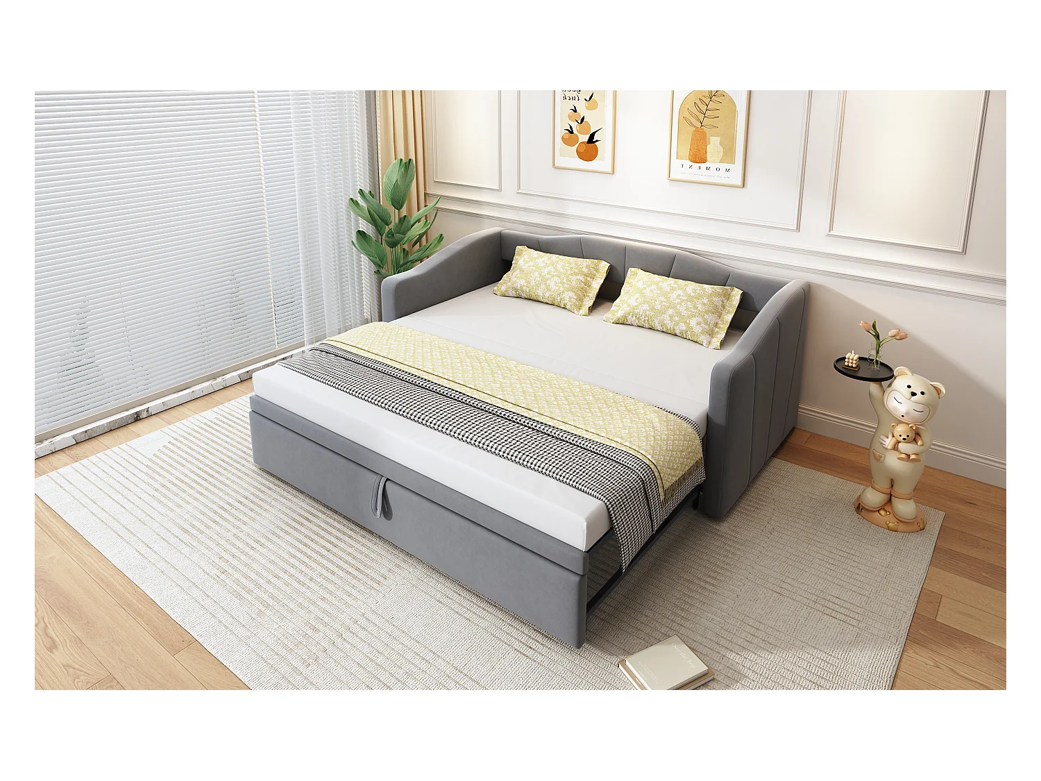 Gestoffeerde slaapbank met uitschuifbaar bed - 90/180 x 200 cm - met lattenbodem - fluweel - grijs