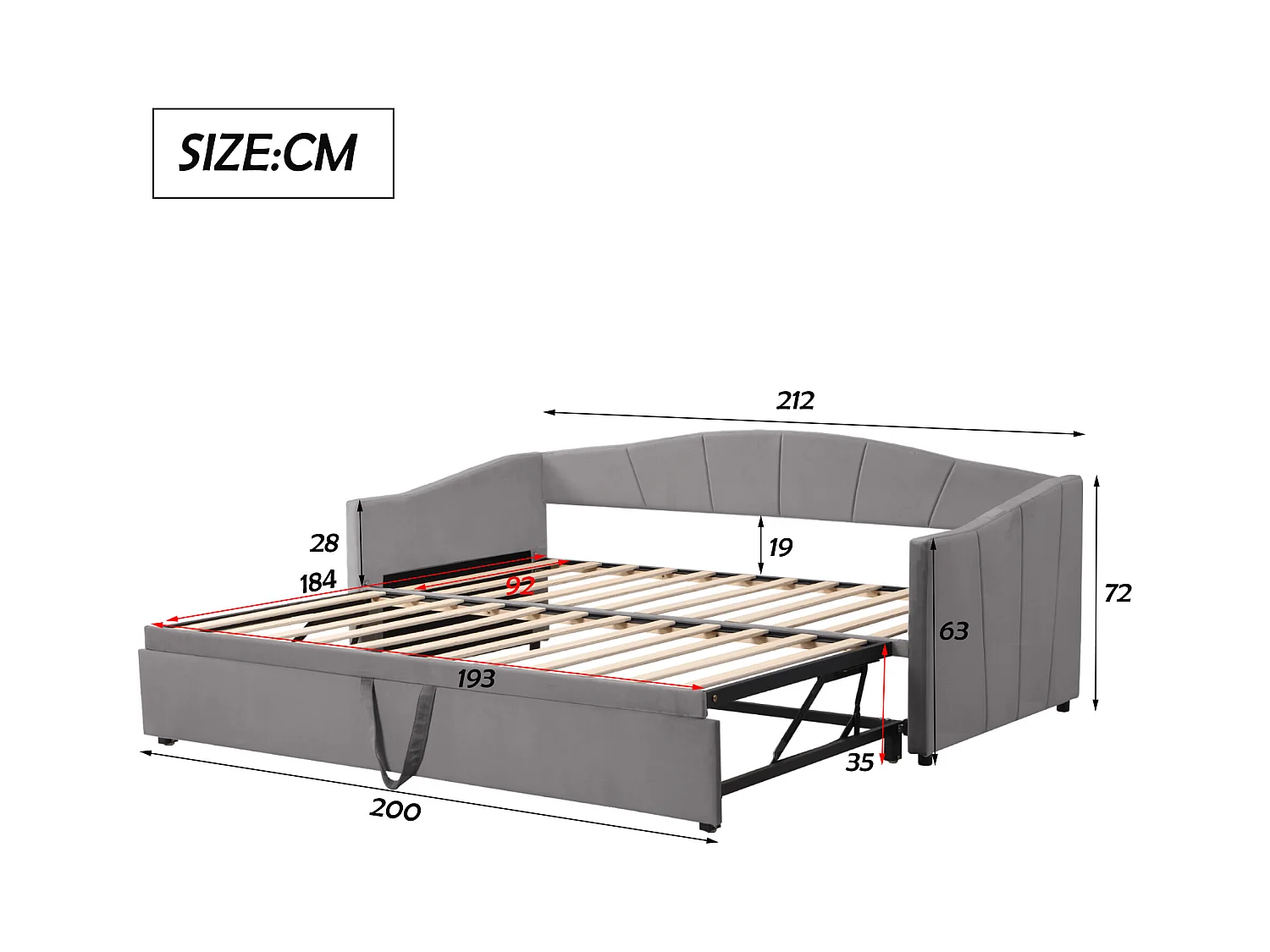 Gestoffeerde slaapbank met uitschuifbaar bed - 90/180 x 200 cm - met lattenbodem - fluweel - grijs