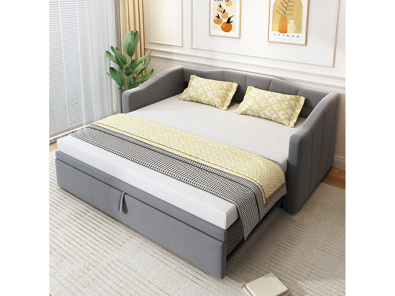 Gepolstertes Schlafsofa mit Ausziehfunktion – 90/180 x 200 cm – mit Lattenrost – Samt – grau