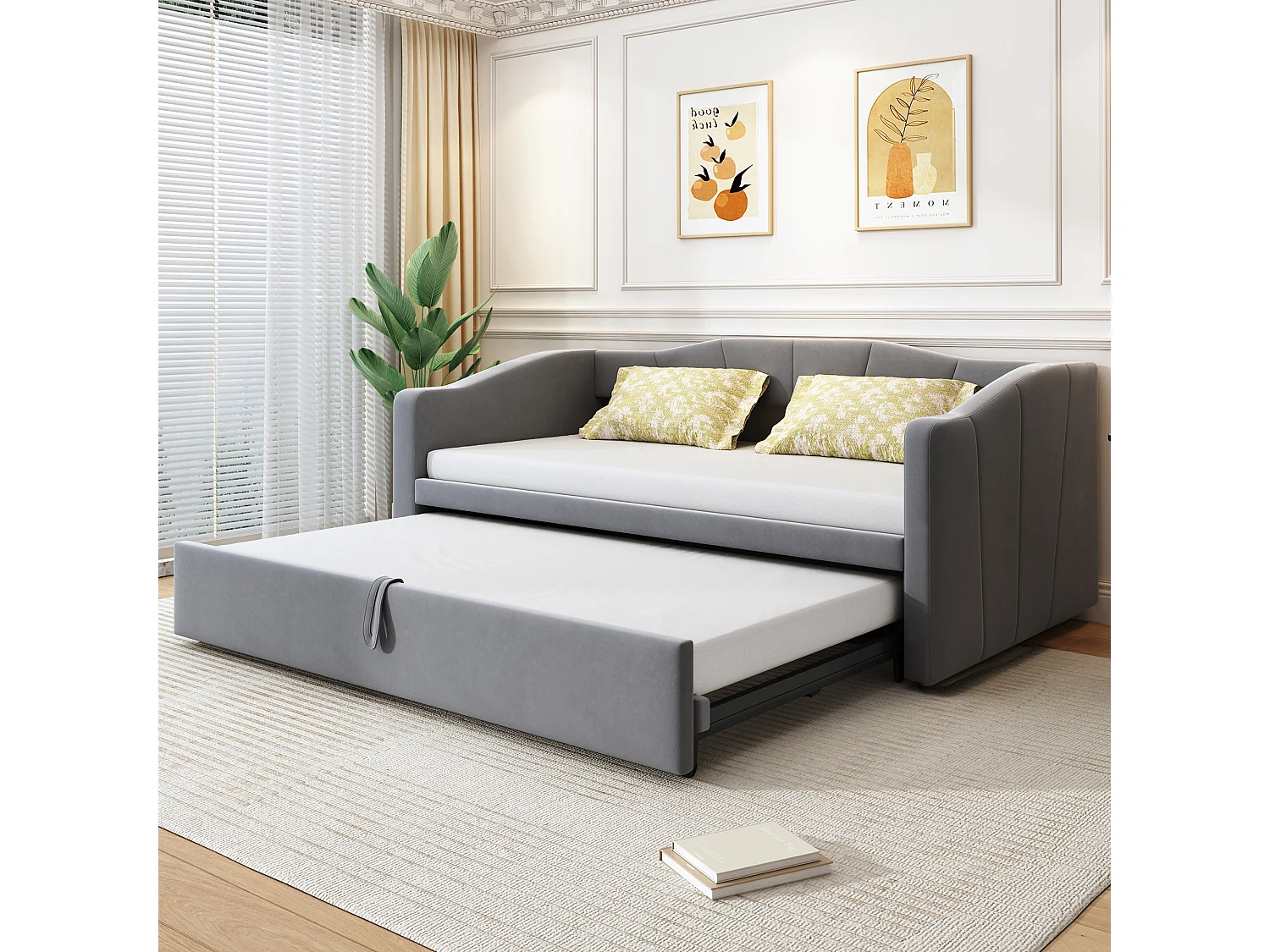 Gepolstertes Schlafsofa mit Ausziehfunktion – 90/180 x 200 cm – mit Lattenrost – Samt – grau