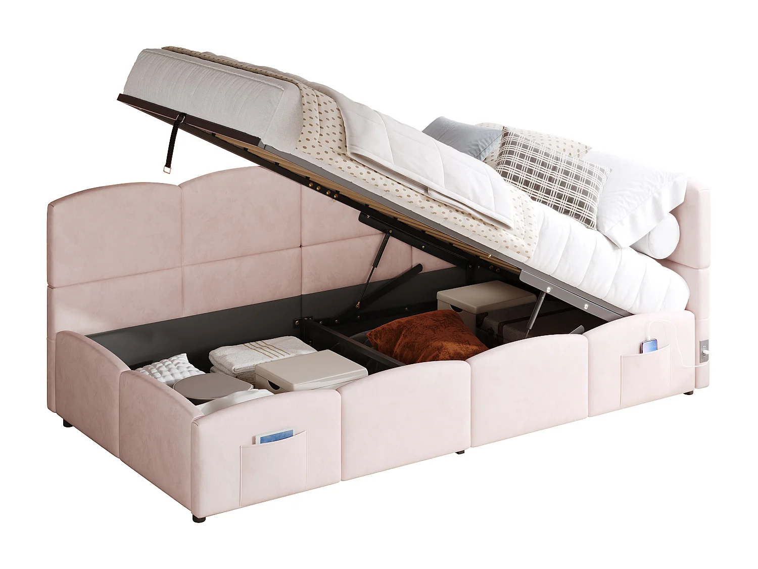Stauraumbett 90 x 200 cm – Einzelbett mit 2 Aufbewahrungstaschen und USB-Ladegerät – rosa samt – matratze nicht enthalten