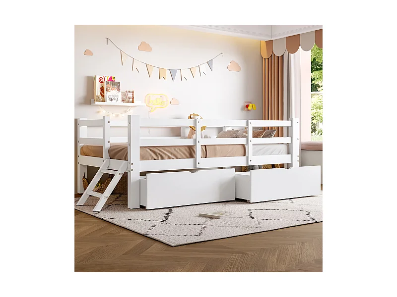 Lit plateforme en bois pour enfant - 90 x 200 cm - avec barrière de sécurité + 2 tiroirs - MDF - blanc