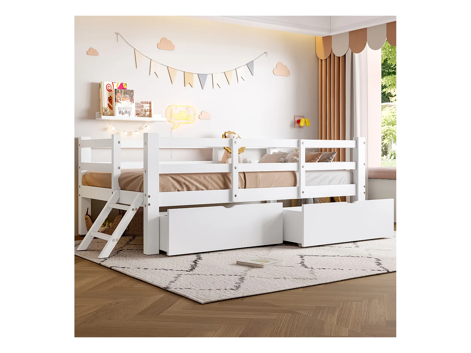 Lit plateforme en bois pour enfant - 90 x 200 cm - avec barrière de sécurité + 2 tiroirs - MDF - blanc