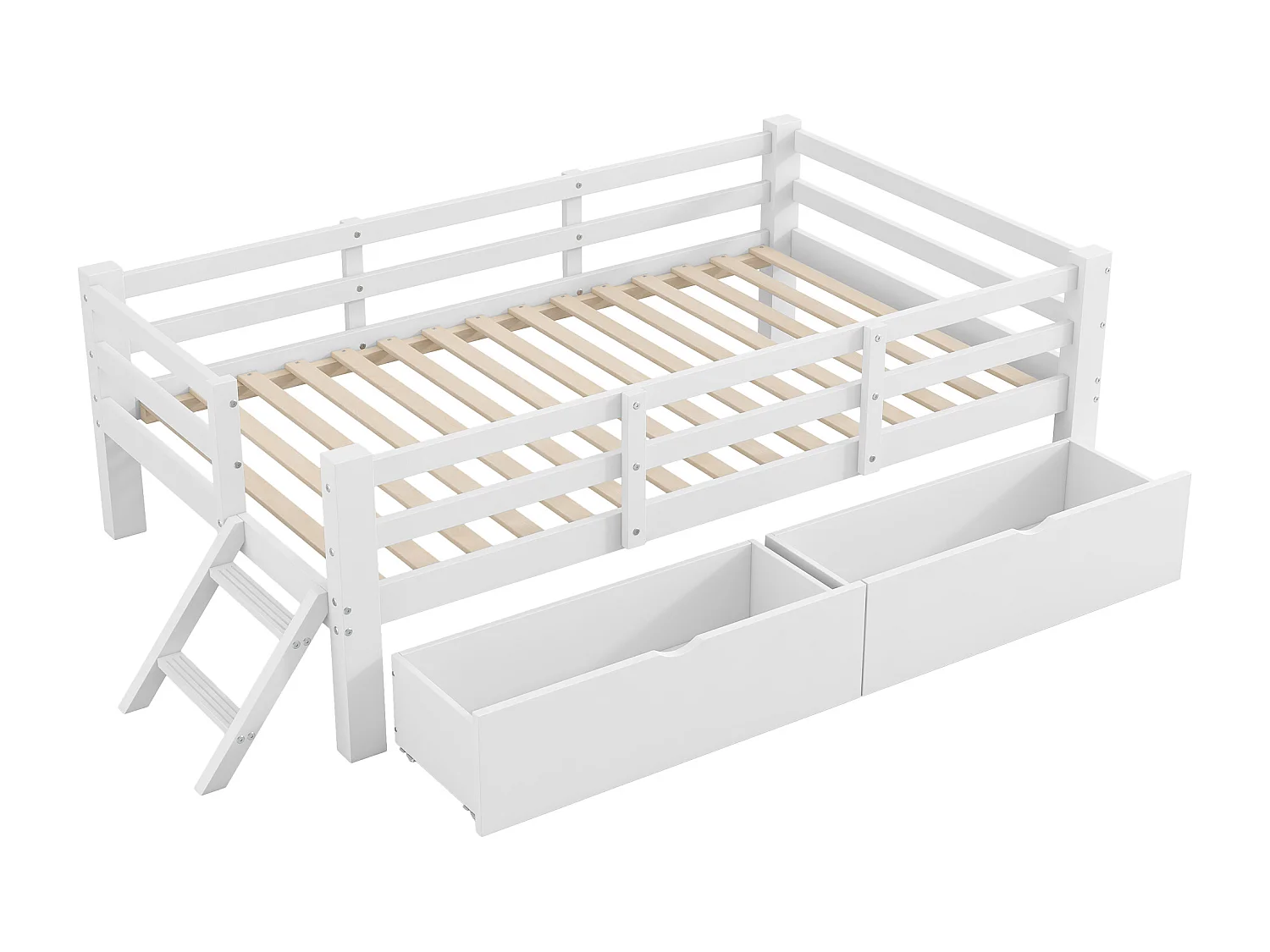 Lit plateforme en bois pour enfant - 90 x 200 cm - avec barrière de sécurité + 2 tiroirs - MDF - blanc