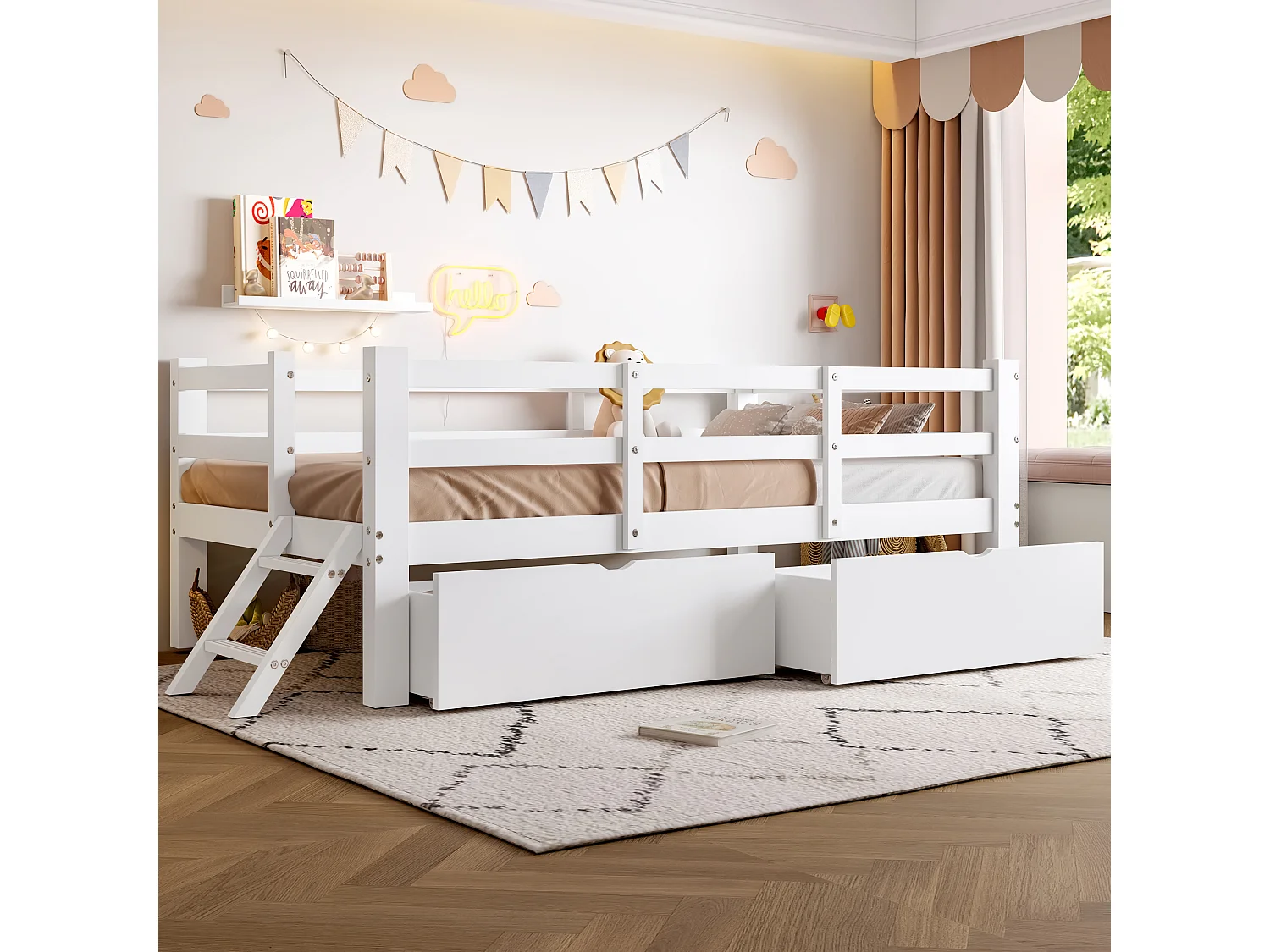 Piatto luminoso in legno per bambini - 90 x 200 cm - con barriera di sicurezza + 2 cassetti - MDF - bianco