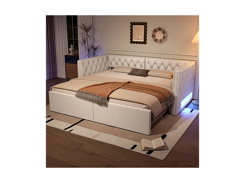 Canapé-lit extensible - 90/180 x 200 cm - avec revêtement + Leds - sans matelas - MDF - beige