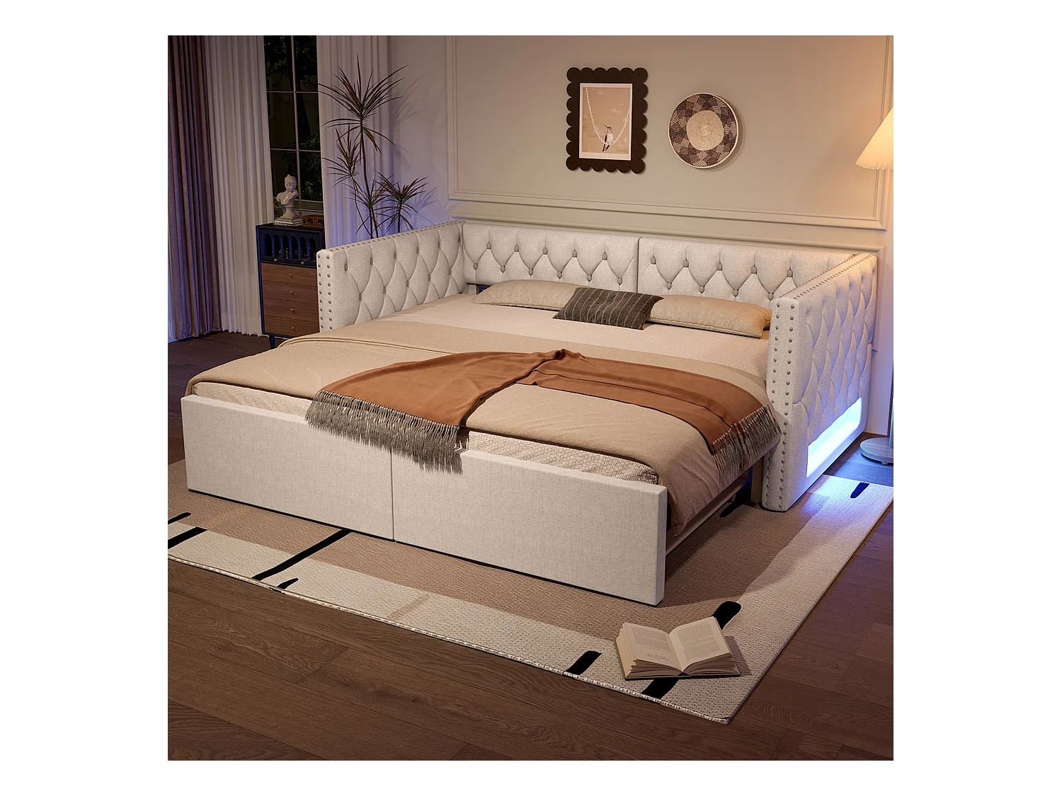 Canapé-lit extensible - 90/180 x 200 cm - avec revêtement + Leds - sans matelas - MDF - beige