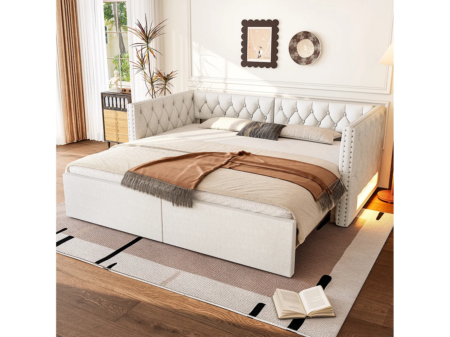 Canapé-lit extensible - 90/180 x 200 cm - avec revêtement + Leds - sans matelas - MDF - beige