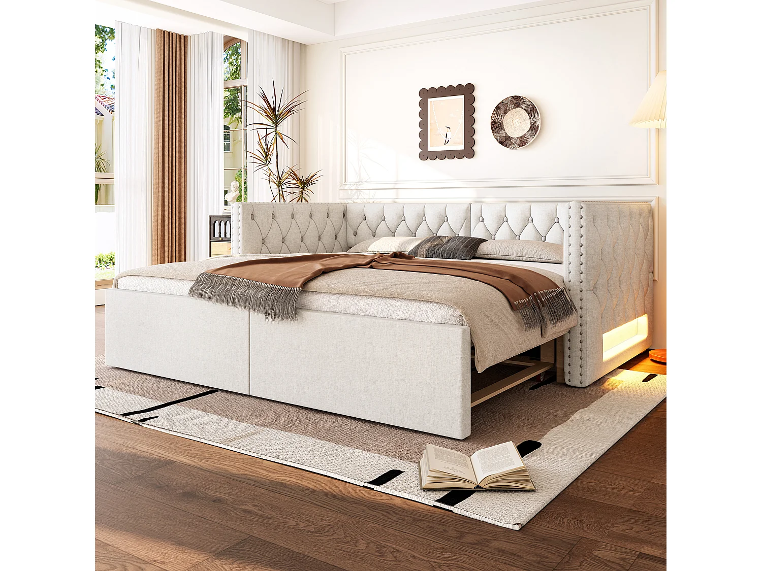 Canapé-lit extensible - 90/180 x 200 cm - avec revêtement + Leds - sans matelas - MDF - beige