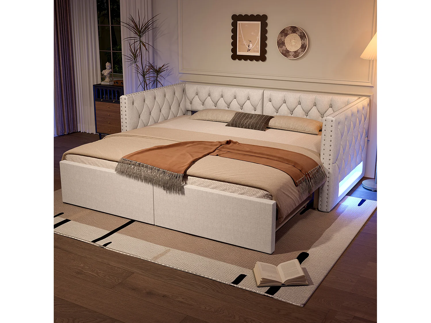 Canapé-lit allungabile - 90/180 x 200 cm - con rivestimento + LED - senza materiali - MDF - beige