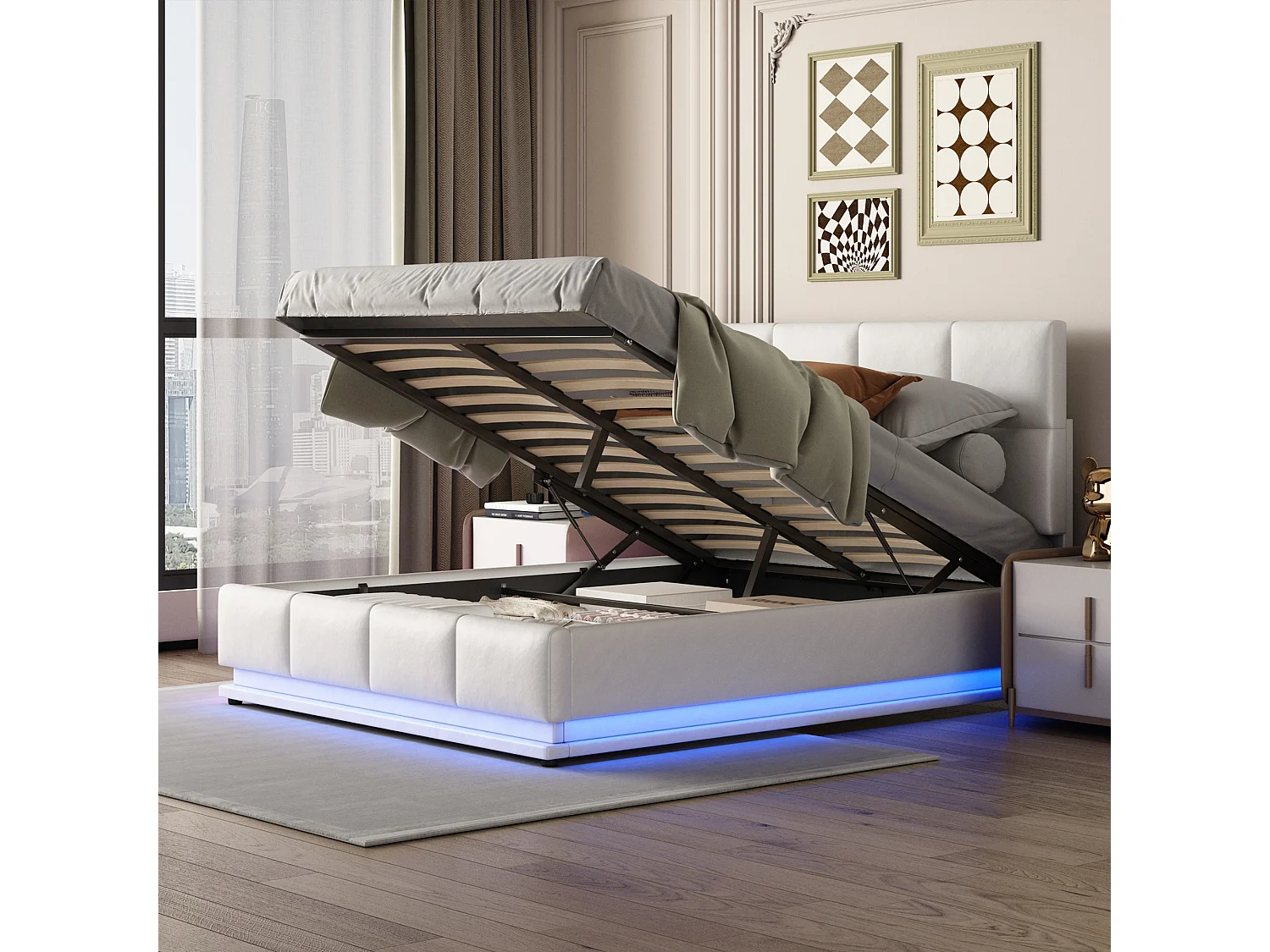 Lit coffre - 160 x 200 cm - avec tête de lit capitonnée réglable - Ledss - Simili cuir - blanc