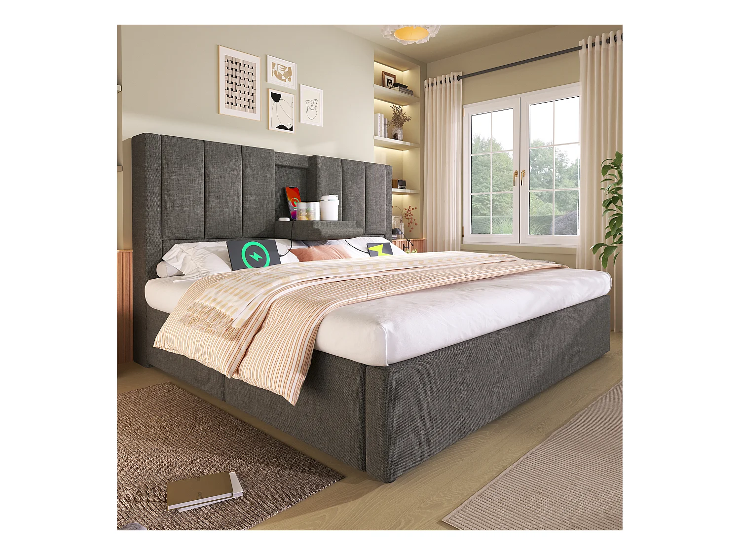 Lit coffre rembourré double - 180 x 200 cm - avec porte-gobelet caché et station de charge - lin - gris