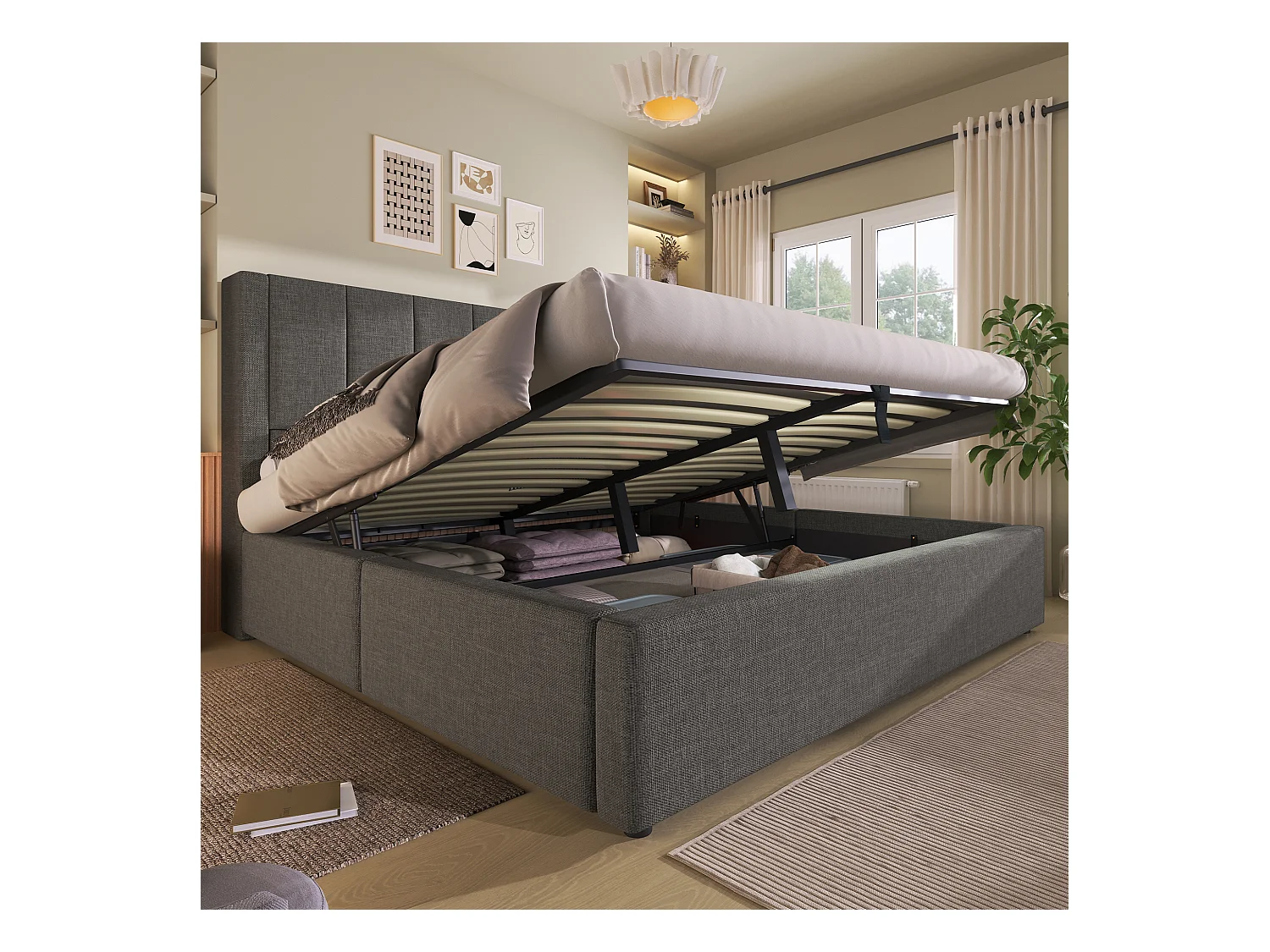 Lit coffre rembourré double - 180 x 200 cm - avec porte-gobelet caché et station de charge - lin - gris