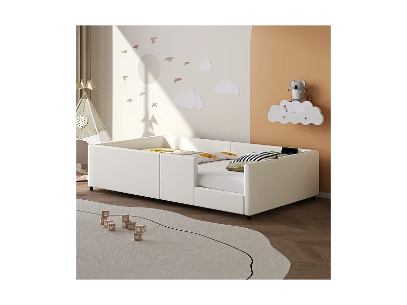 Lit plateforme rembourré - 90 x 200 - avec barrière de sécurité et station de recharge - MDF - blanc