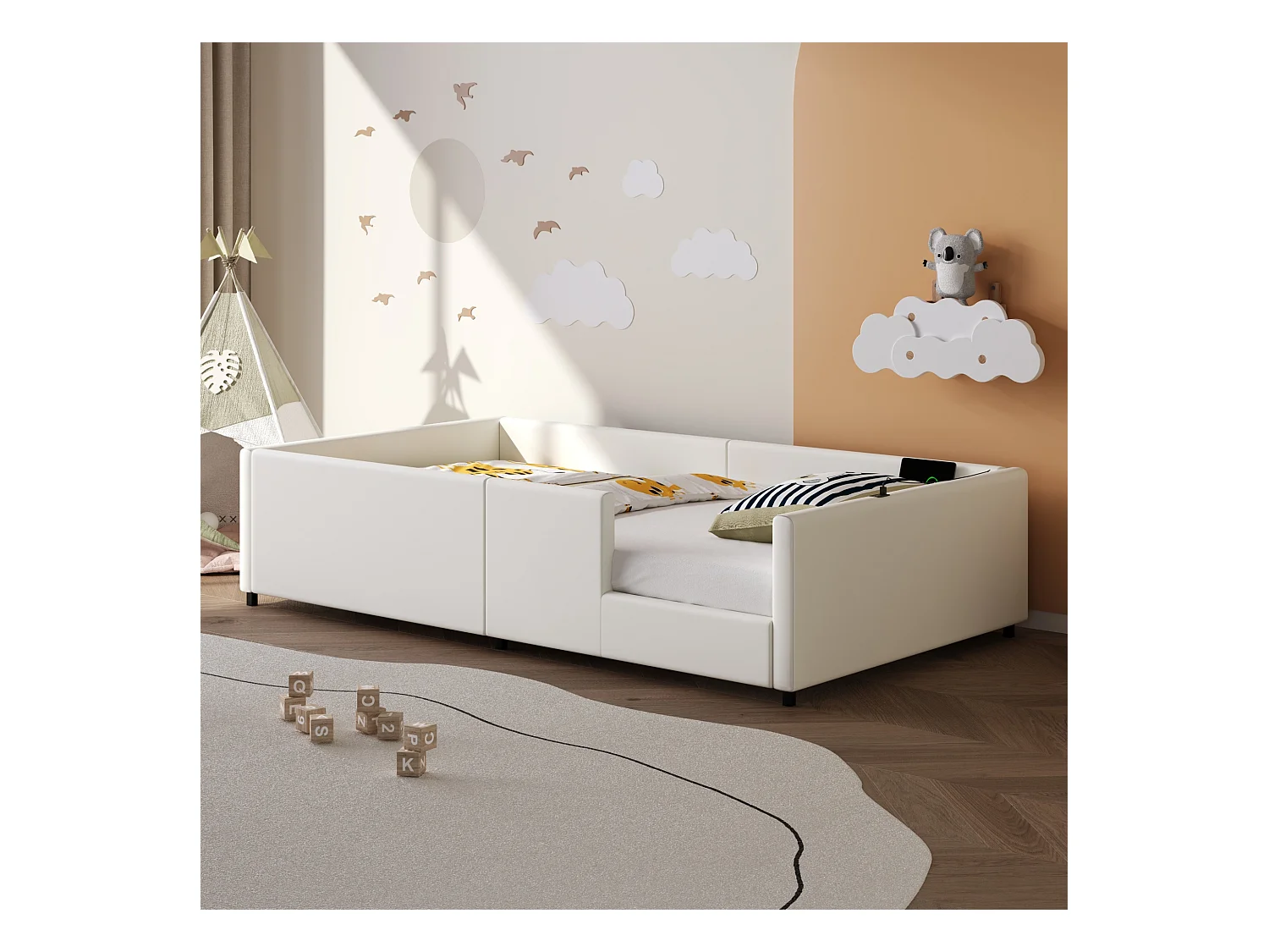 Lit plateforme rembourré - 90 x 200 - avec barrière de sécurité et station de recharge - MDF - blanc