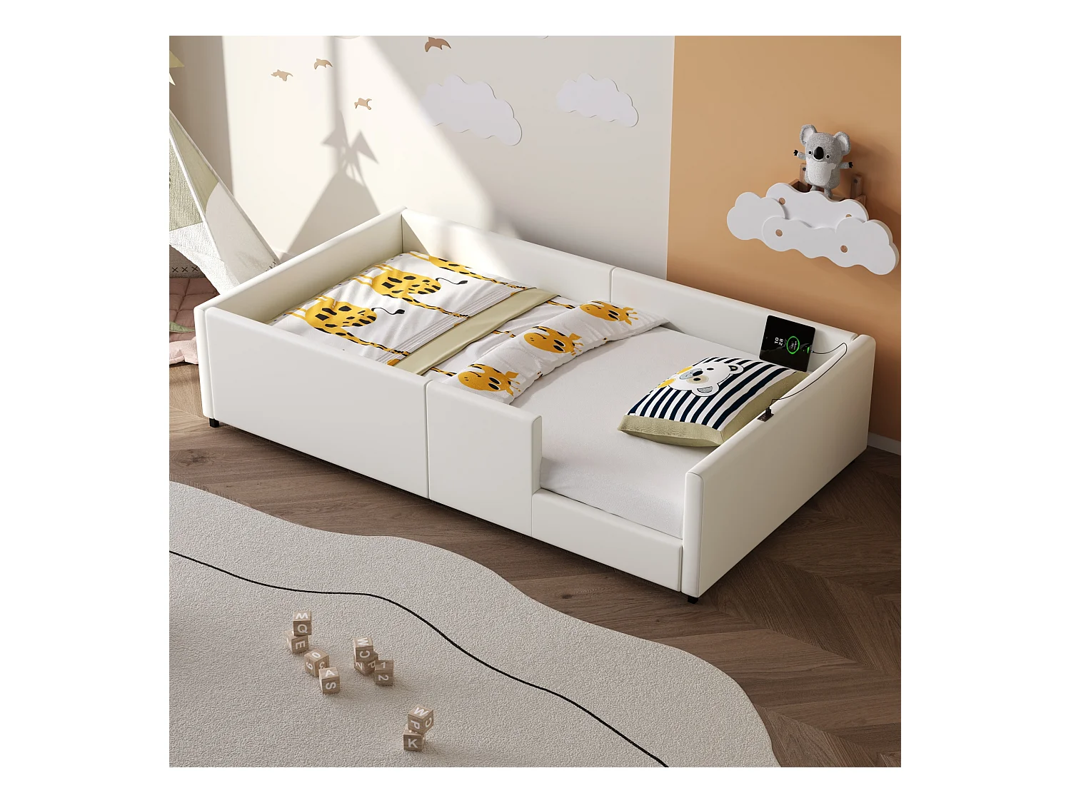 Lit plateforme rembourré - 90 x 200 - avec barrière de sécurité et station de recharge - MDF - blanc