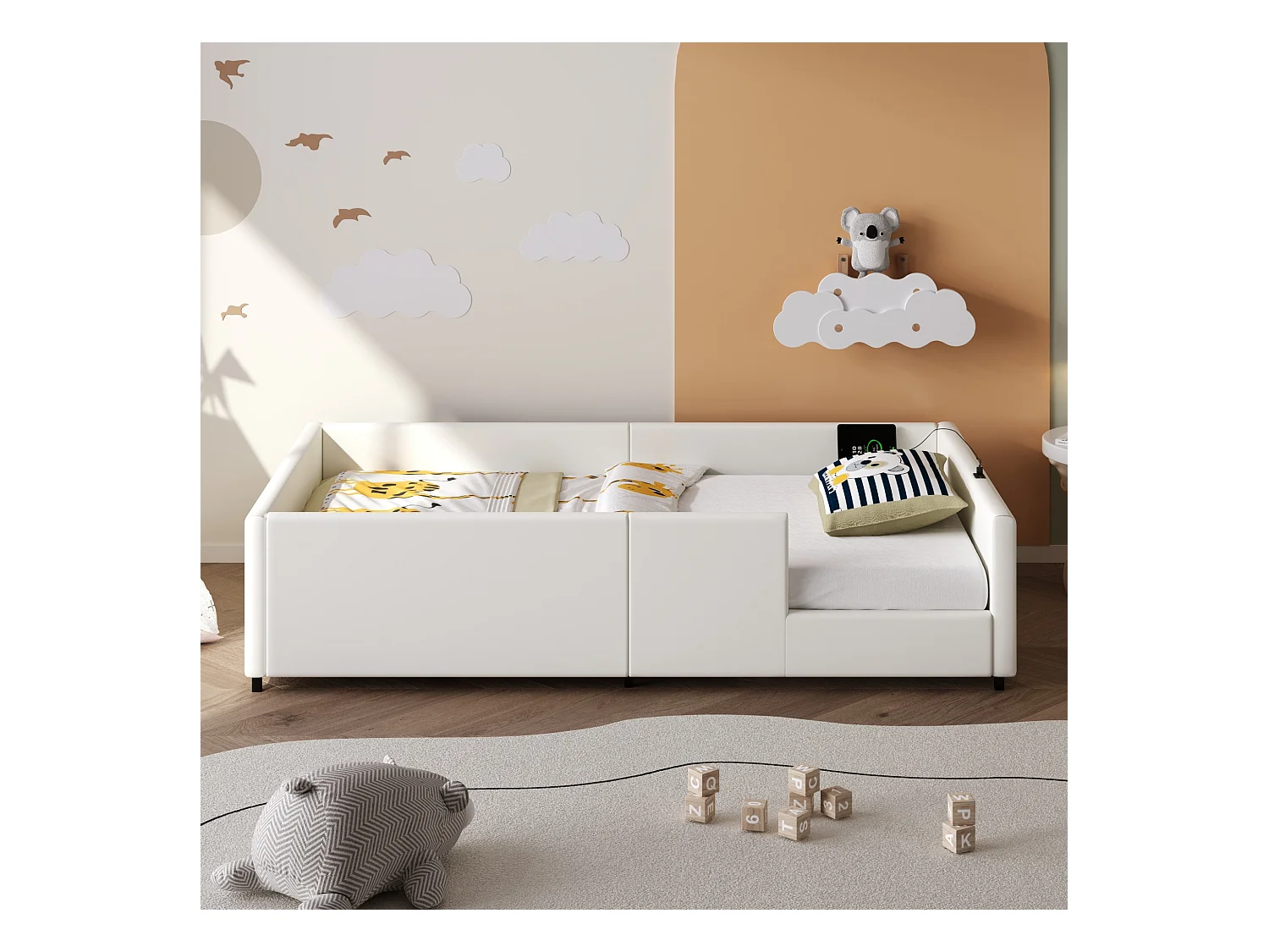 Lit plateforme rembourré - 90 x 200 - avec barrière de sécurité et station de recharge - MDF - blanc