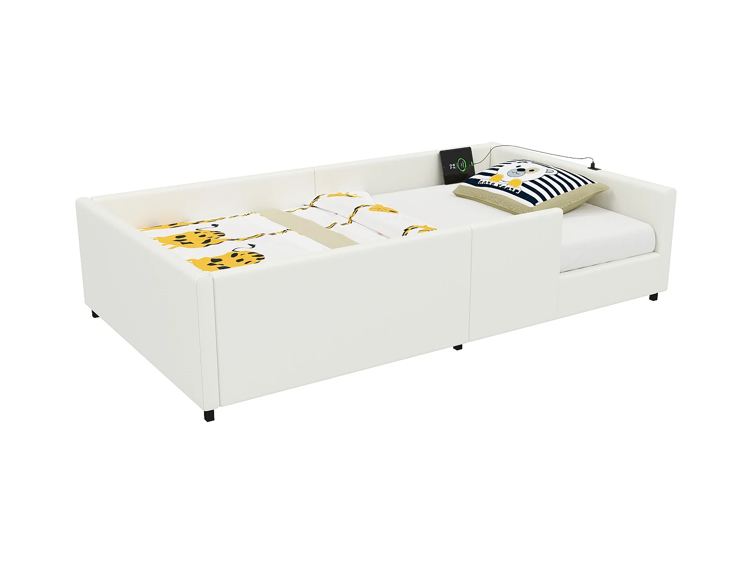 Lit plateforme rembourré - 90 x 200 - avec barrière de sécurité et station de recharge - MDF - blanc