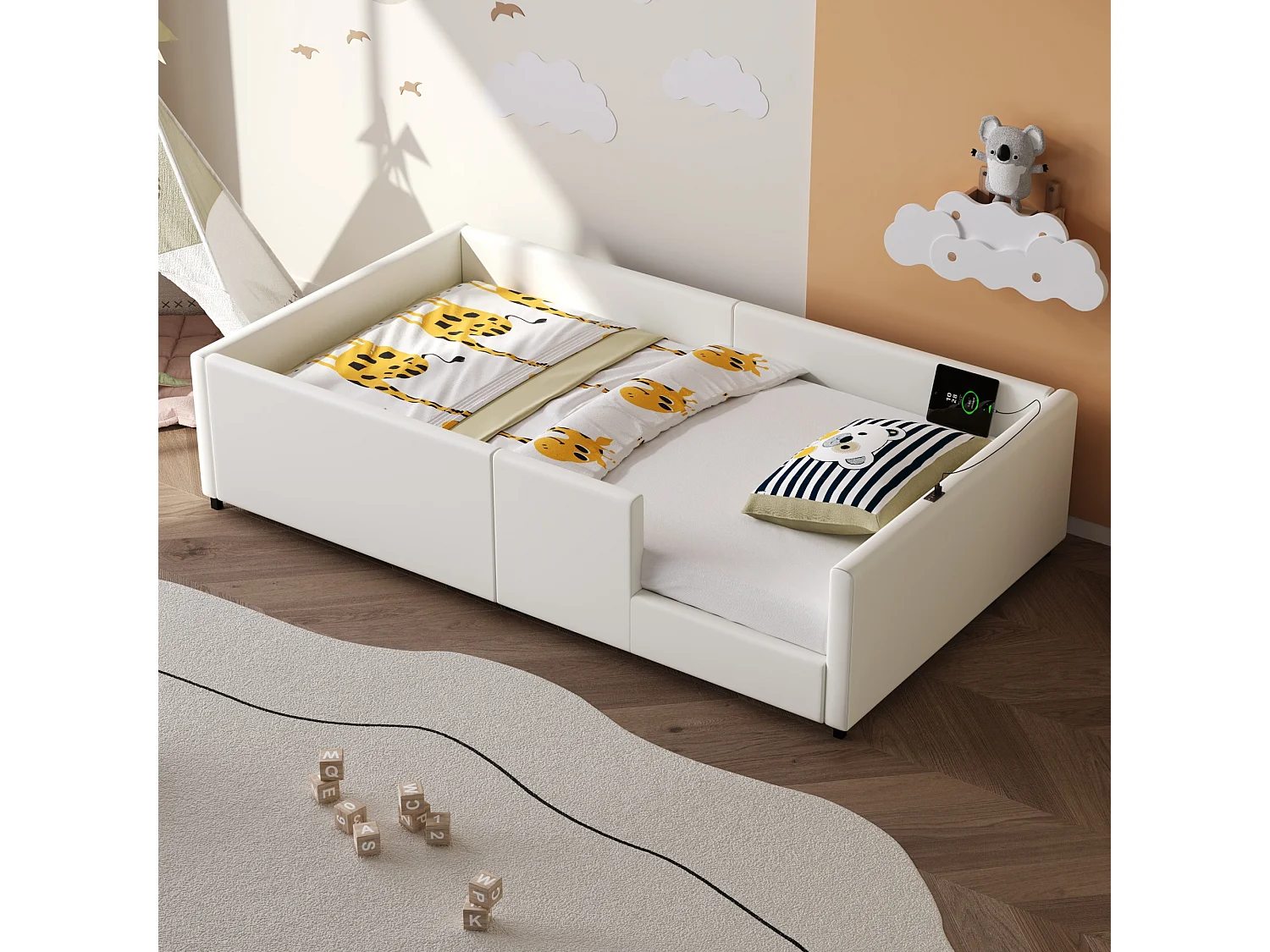 Beleuchtete, abnehmbare Plattform 90 x 200 cm mit Sicherheitsbarriere und Ladestation – MDF – Weiß