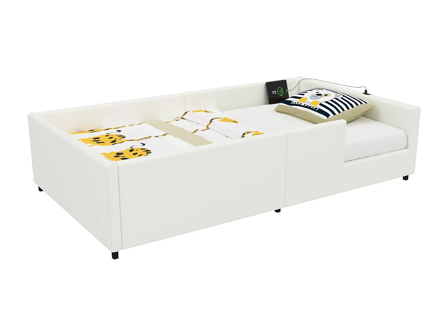 Beleuchtete, abnehmbare Plattform 90 x 200 cm mit Sicherheitsbarriere und Ladestation – MDF – Weiß