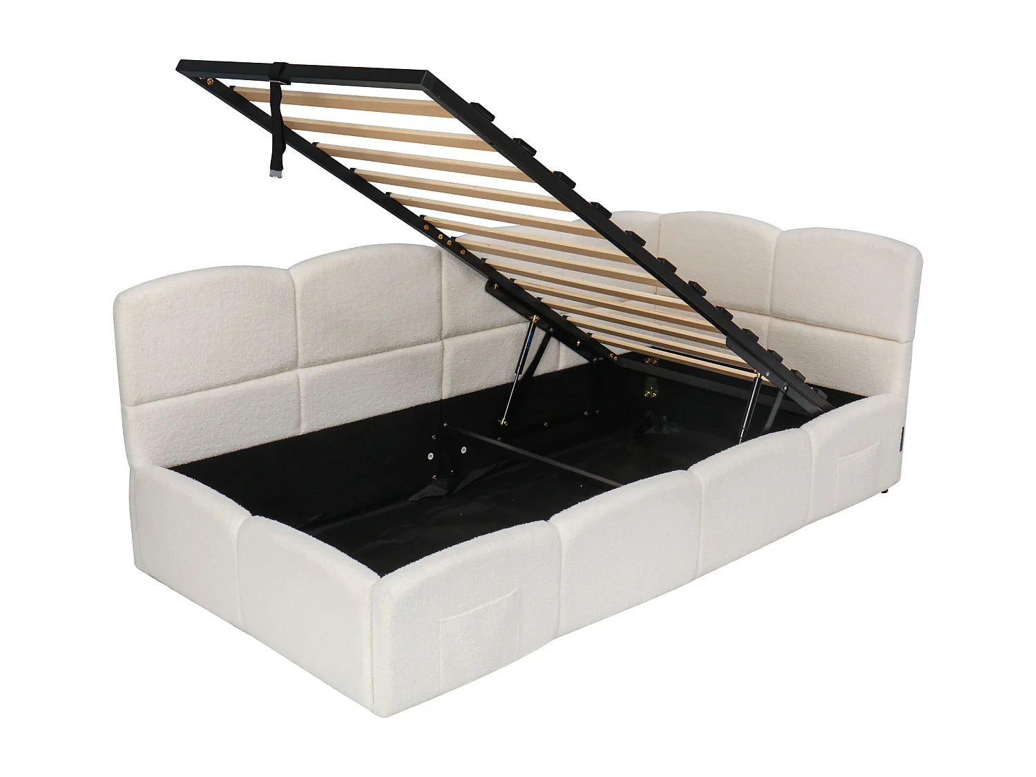 Stauraumbett 90 x 200 cm - Einzelbett mit 2 Aufbewahrungstaschen und USB-Ladegerät - beige bouclé - matratze nicht enthalten