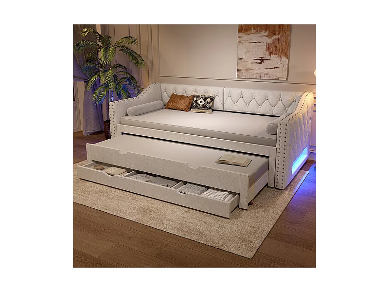 Canapé-lit rembourrée - 90 x 200 cm - avec Leds + lit gigogne 90 x 190 et 3 tiroirs - MDF - beige