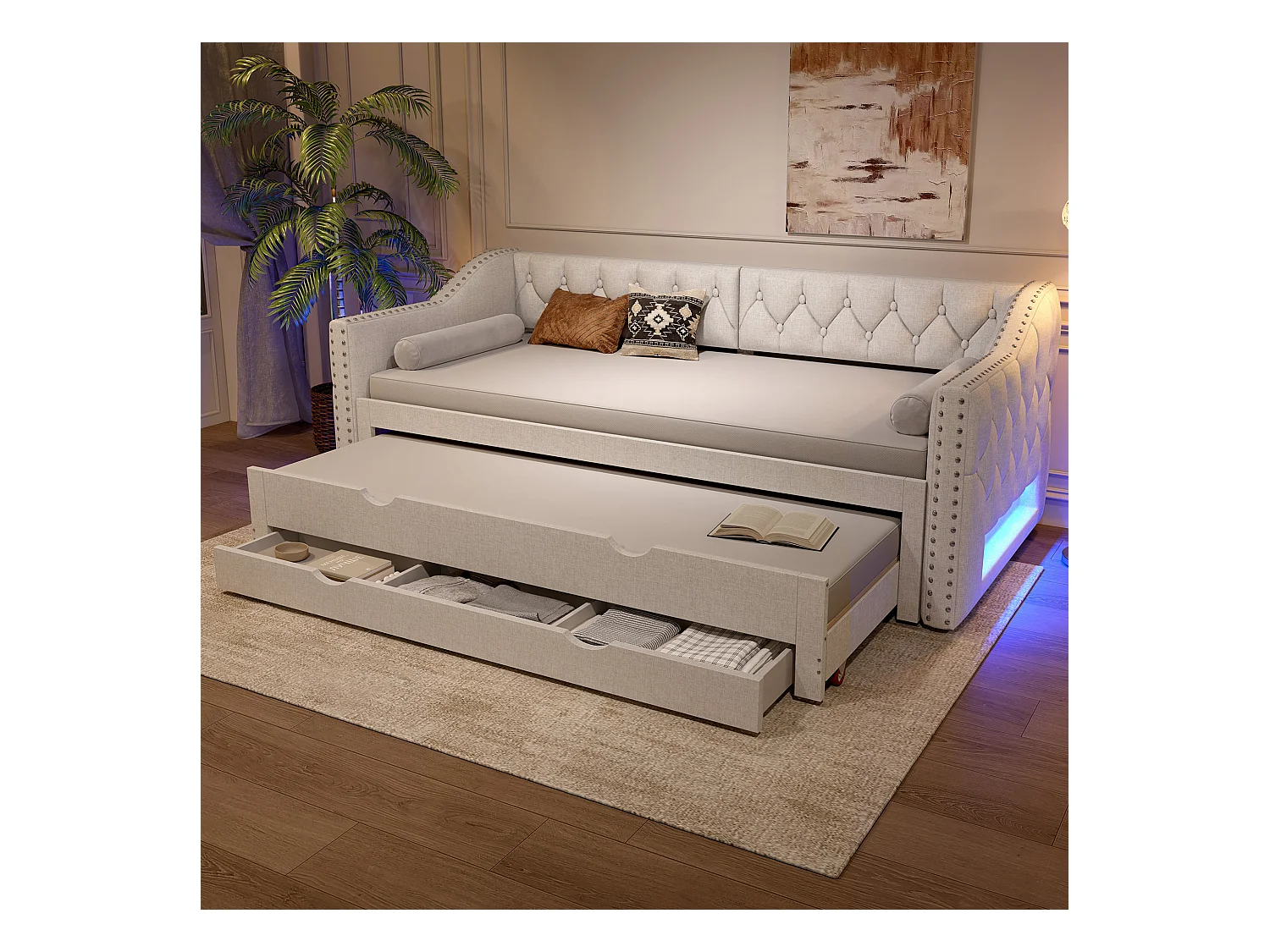 Canapé-lit rembourrée - 90 x 200 cm - avec Leds + lit gigogne 90 x 190 et 3 tiroirs - MDF - beige