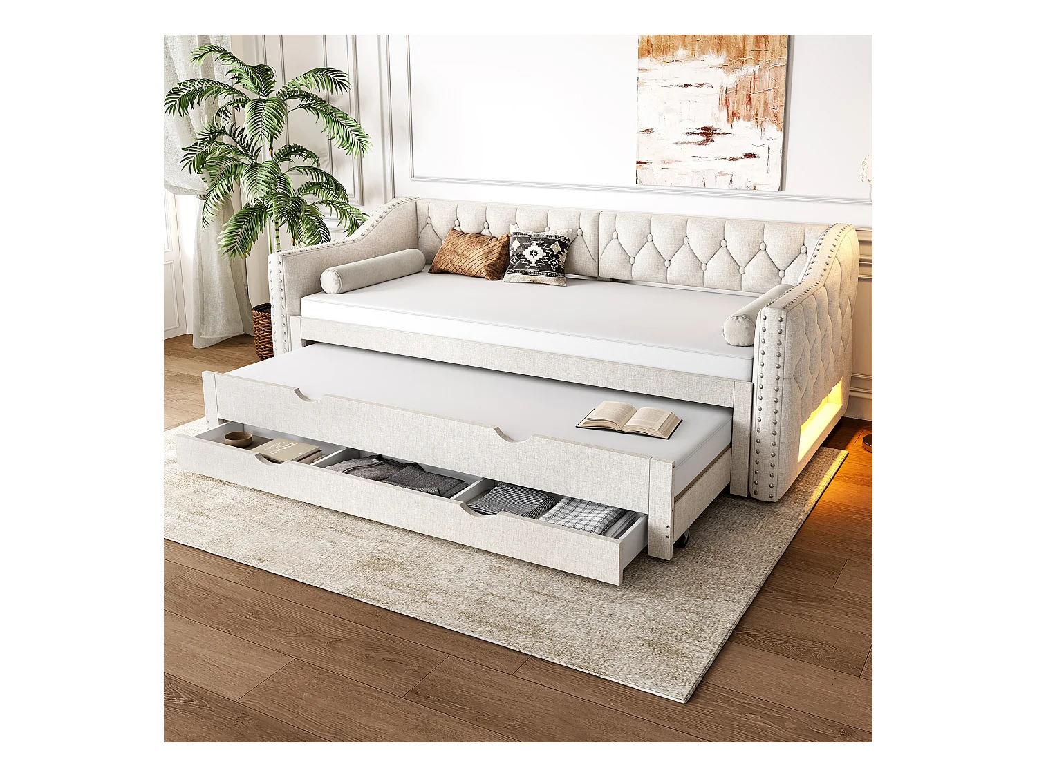 Canapé-lit rembourrée - 90 x 200 cm - avec Leds + lit gigogne 90 x 190 et 3 tiroirs - MDF - beige