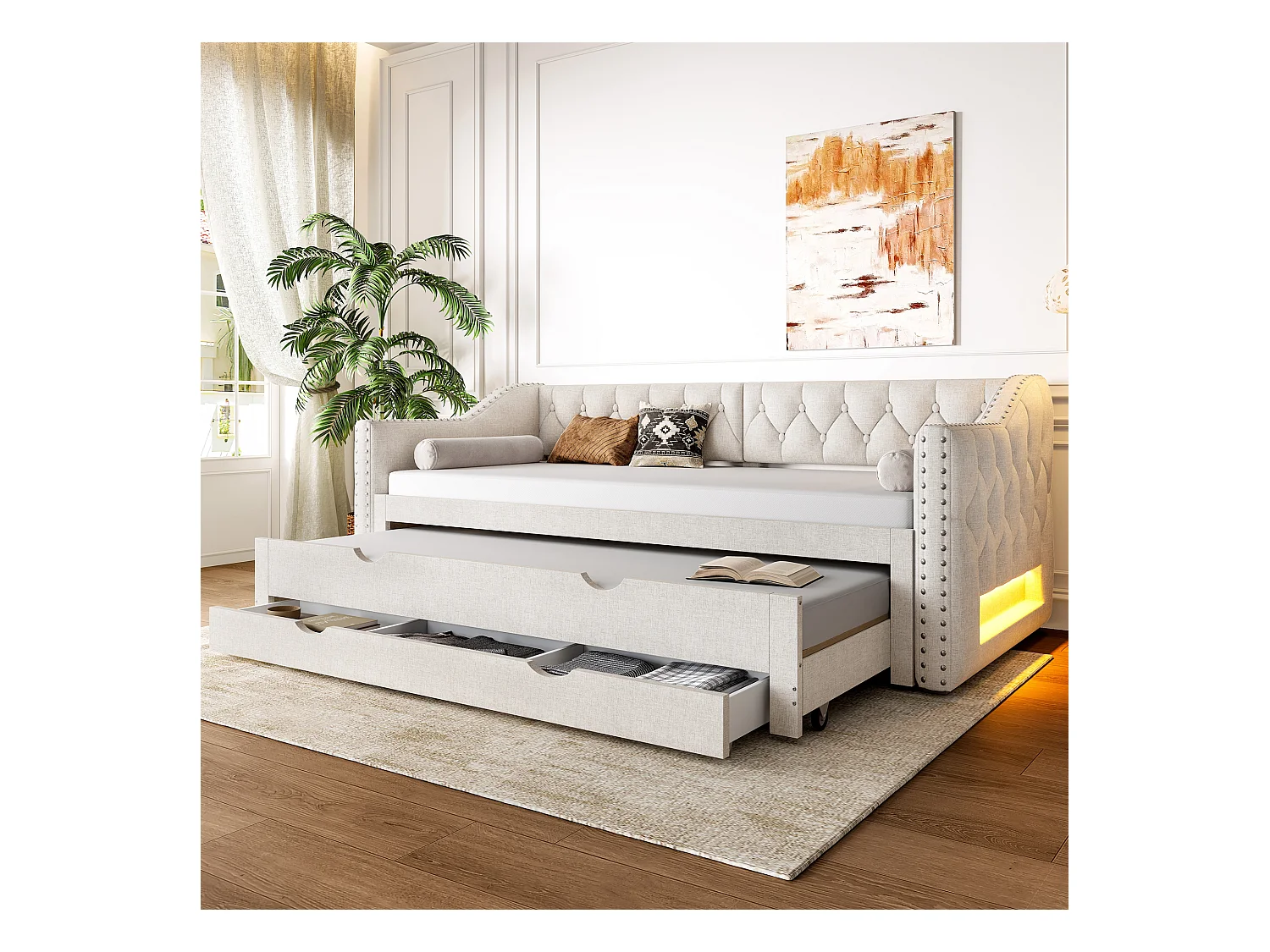 Canapé-lit rembourrée - 90 x 200 cm - avec Leds + lit gigogne 90 x 190 et 3 tiroirs - MDF - beige