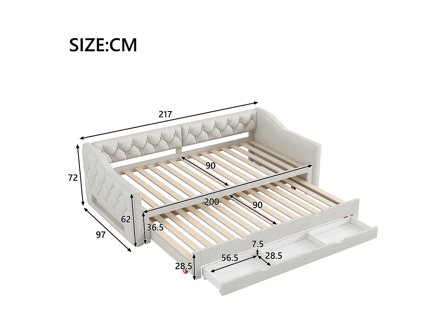 Canapé-lit rembourrée - 90 x 200 cm - avec Leds + lit gigogne 90 x 190 et 3 tiroirs - MDF - beige