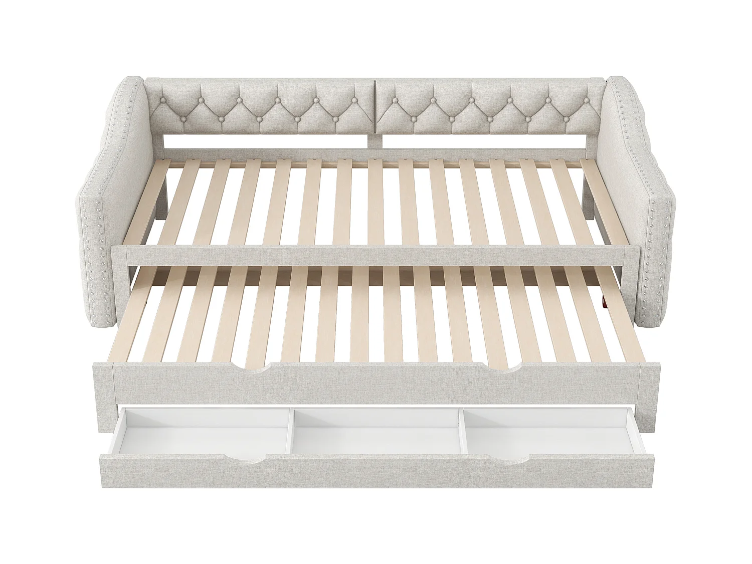 Canapé-lit rembourrée - 90 x 200 cm - avec Leds + lit gigogne 90 x 190 et 3 tiroirs - MDF - beige