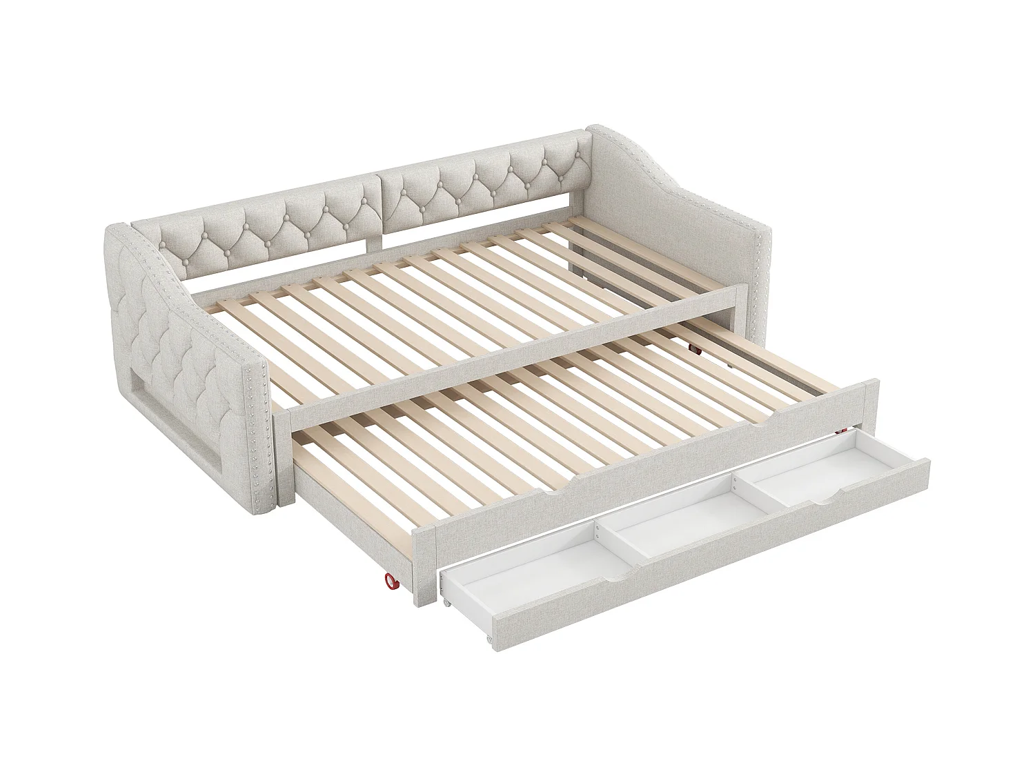 Canapé-lit rembourrée - 90 x 200 cm - avec Leds + lit gigogne 90 x 190 et 3 tiroirs - MDF - beige