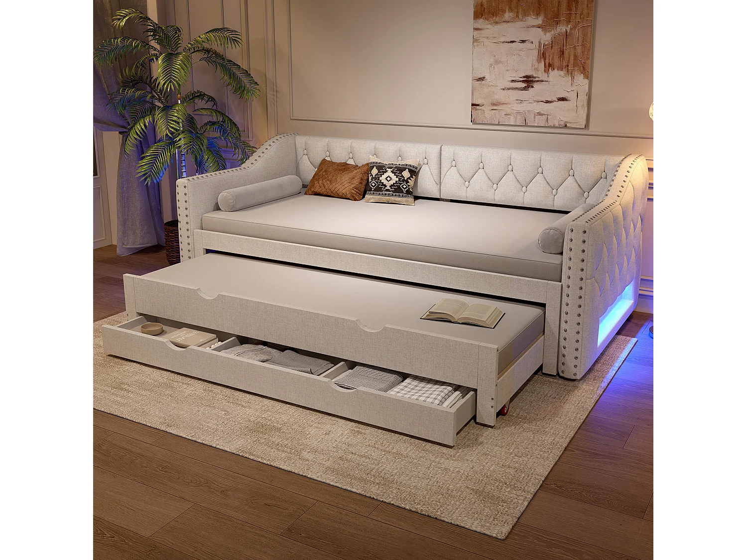 Canapé-lit rembourrée - 90 x 200 cm - avec Leds + lit gigogne 90 x 190 et 3 tiroirs - MDF - beige