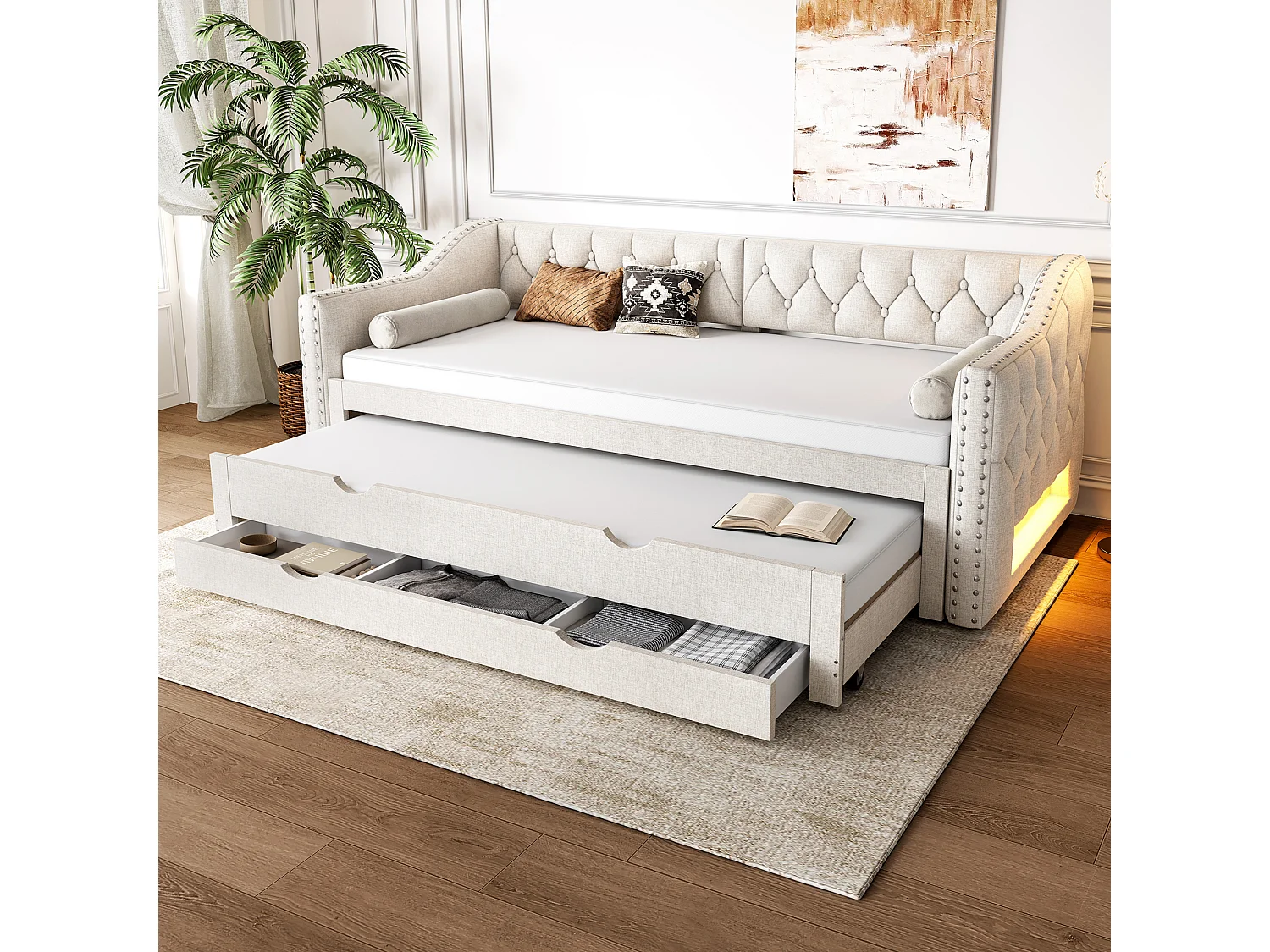 Canapé-lit rembourrée - 90 x 200 cm - avec Leds + lit gigogne 90 x 190 et 3 tiroirs - MDF - beige