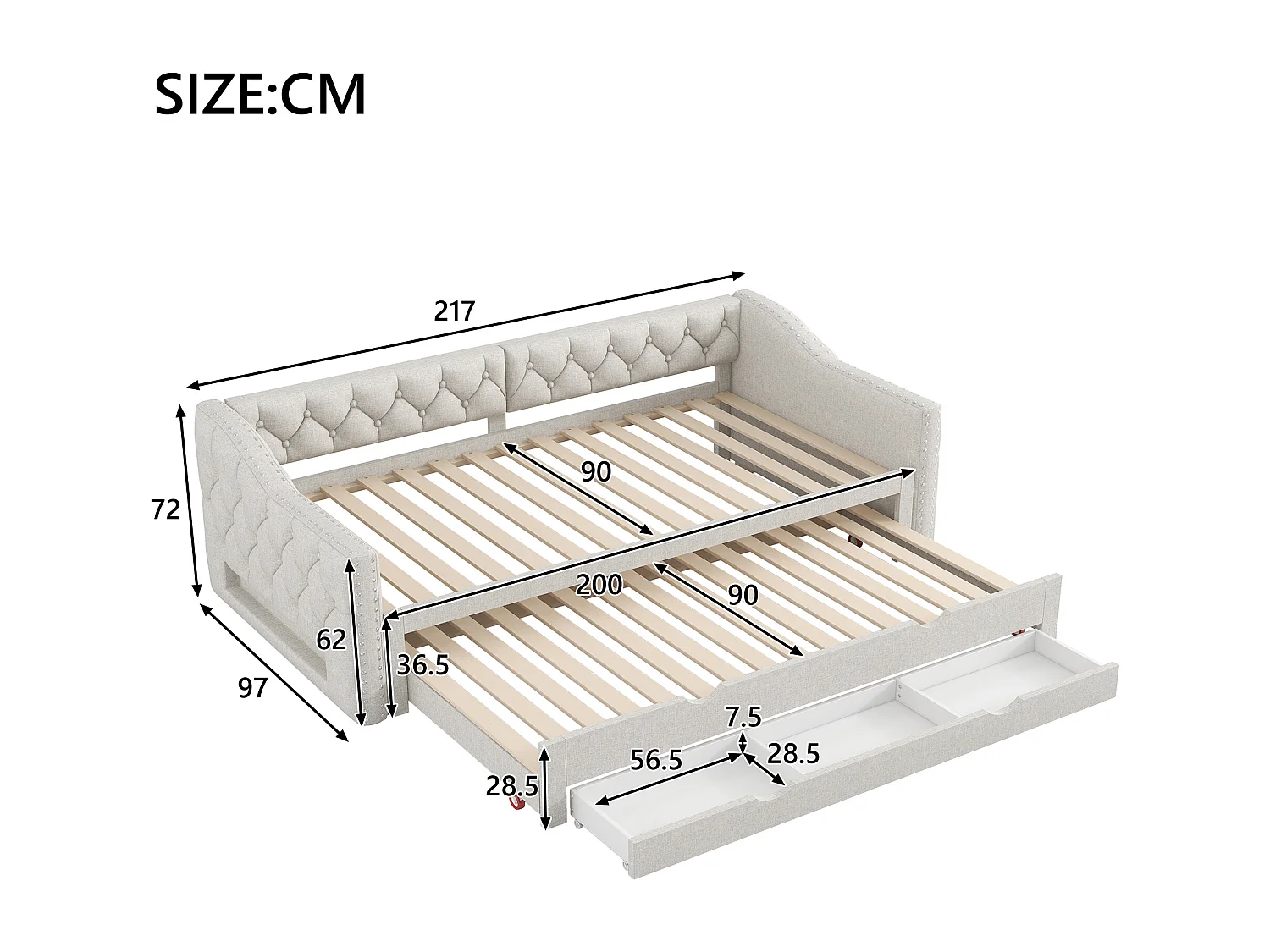 Canapé-lit rembourrée - 90 x 200 cm - avec Leds + lit gigogne 90 x 190 et 3 tiroirs - MDF - beige