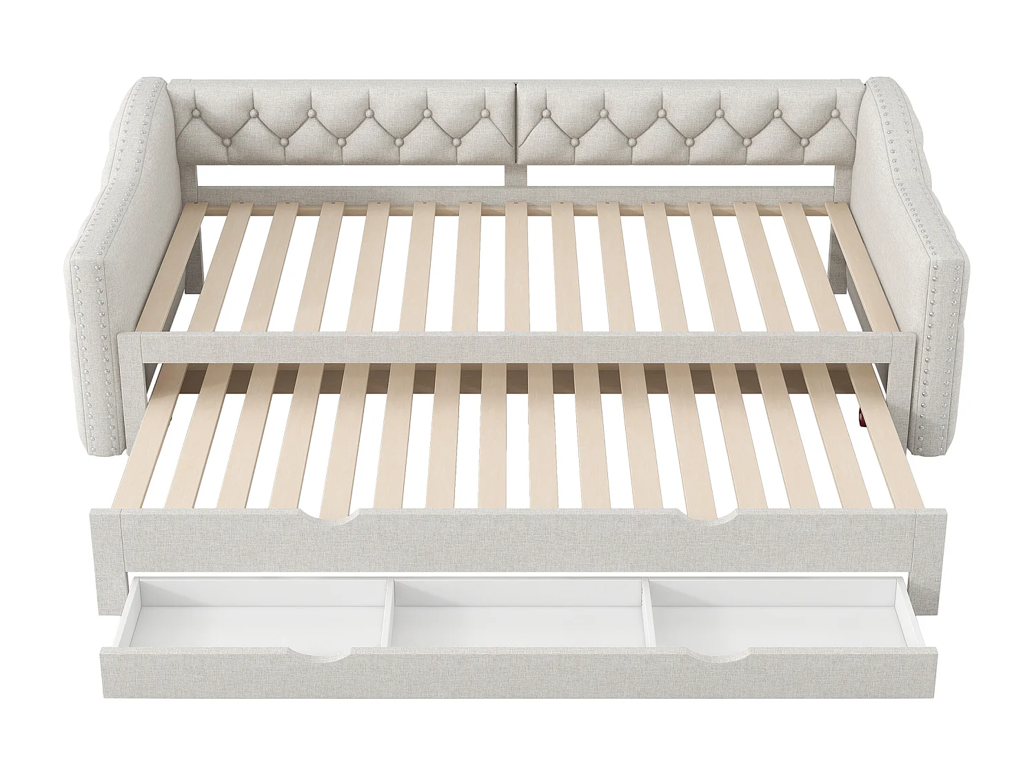 Canapé-lit rembourrée - 90 x 200 cm - avec Leds + lit gigogne 90 x 190 et 3 tiroirs - MDF - beige