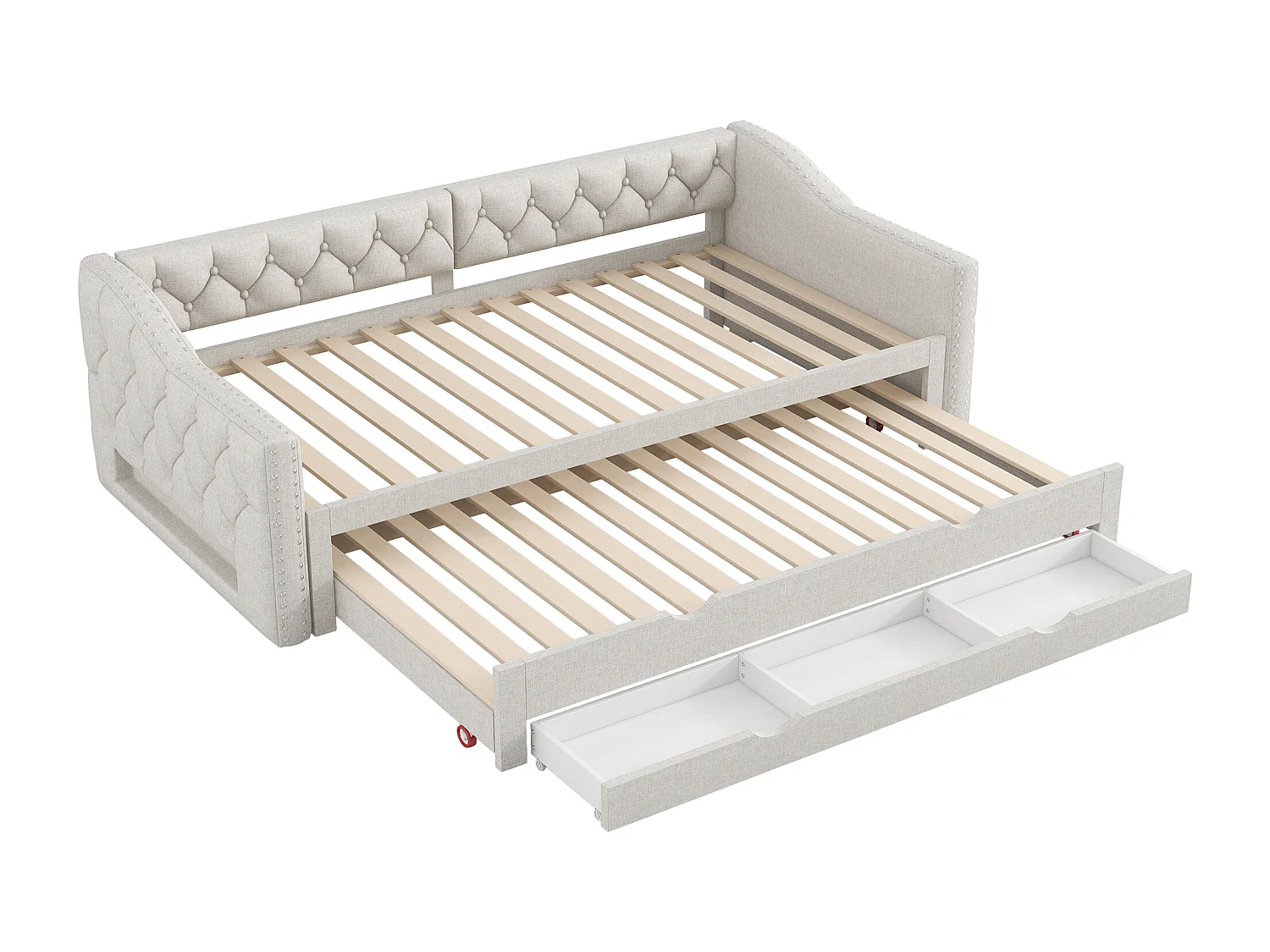 Canapé-lit rembourrée - 90 x 200 cm - avec Leds + lit gigogne 90 x 190 et 3 tiroirs - MDF - beige