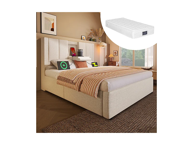 Lit coffre rembourré simple - 90 x 200 cm - avec porte-gobelet caché et station de charge - lin - beige(avec matelas)